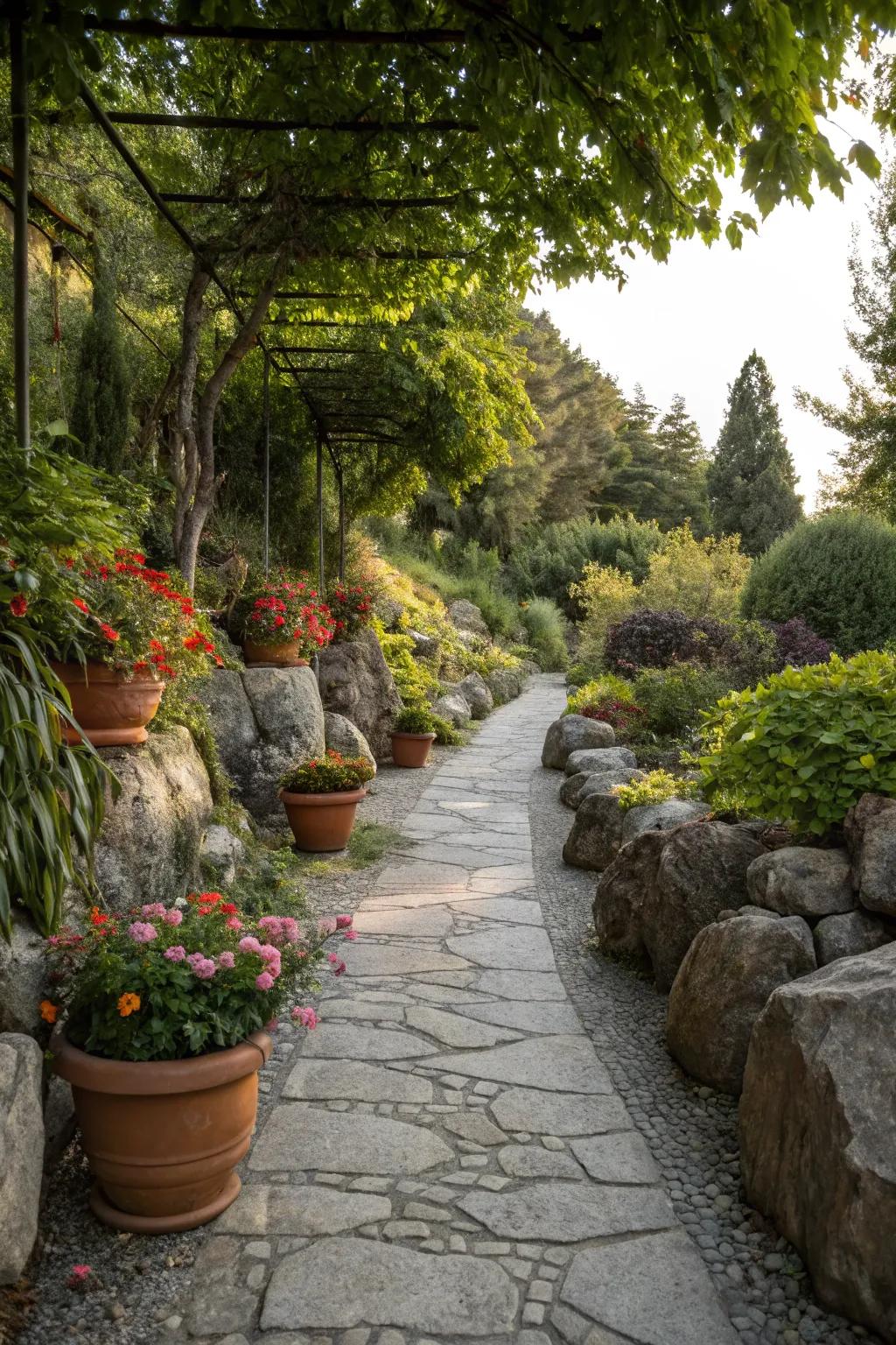 Pots lining the pathway create a warm, inviting entrance.