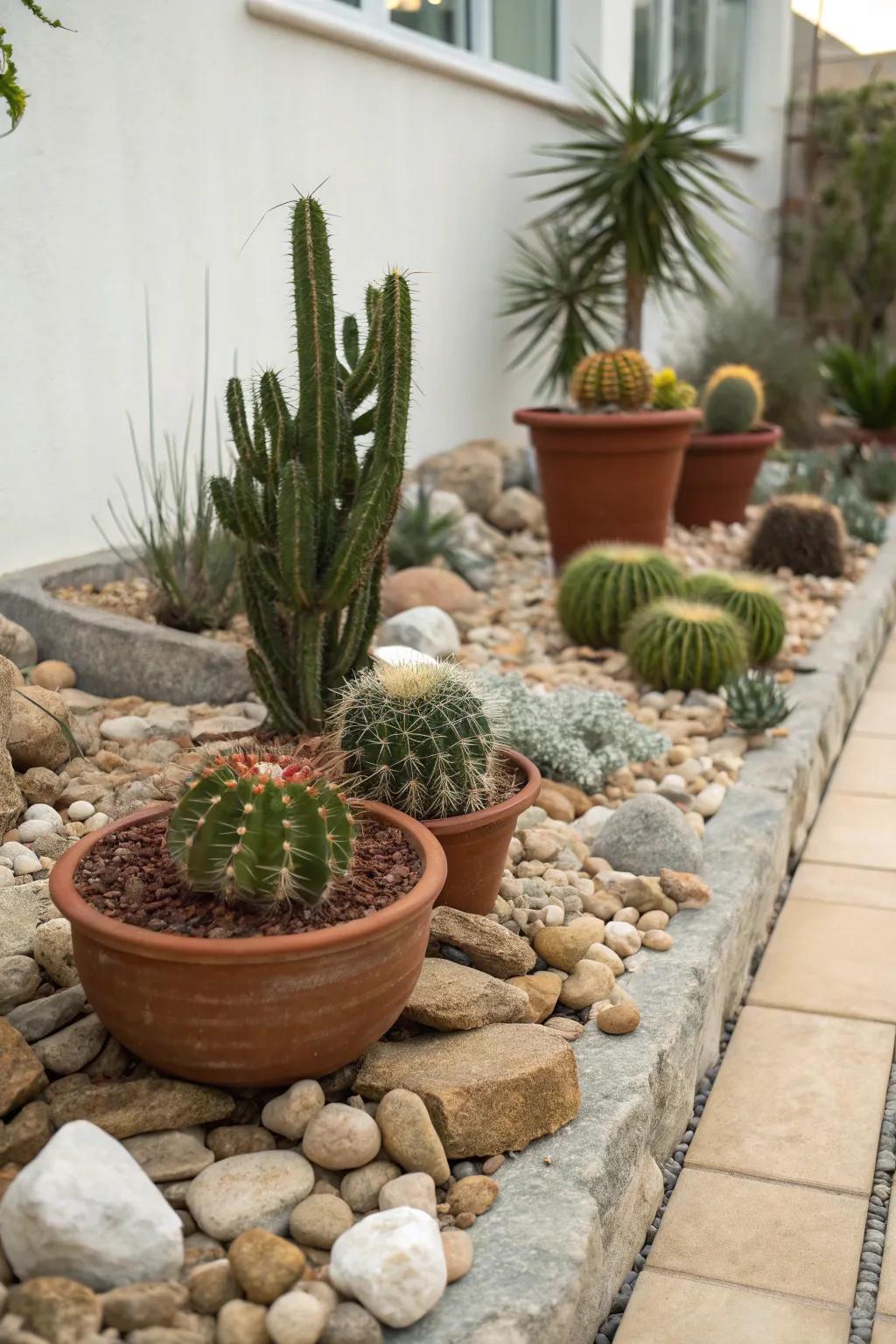 Potted cacti add a resilient, desert-like touch.