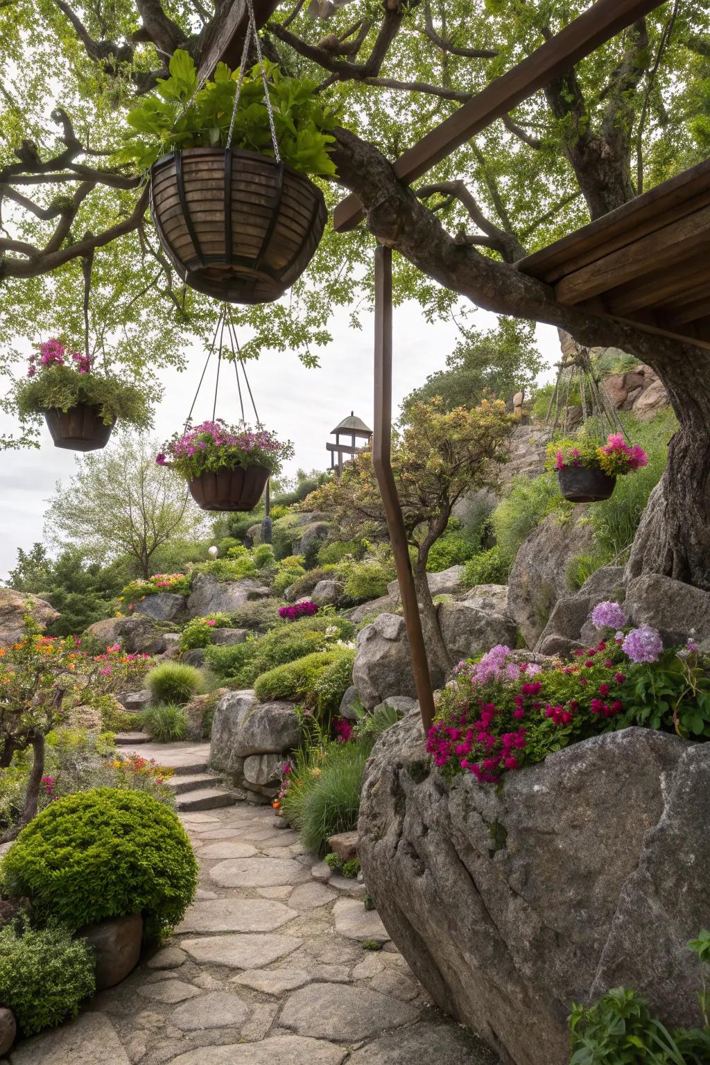 Hanging pots add vertical interest and a magical touch.