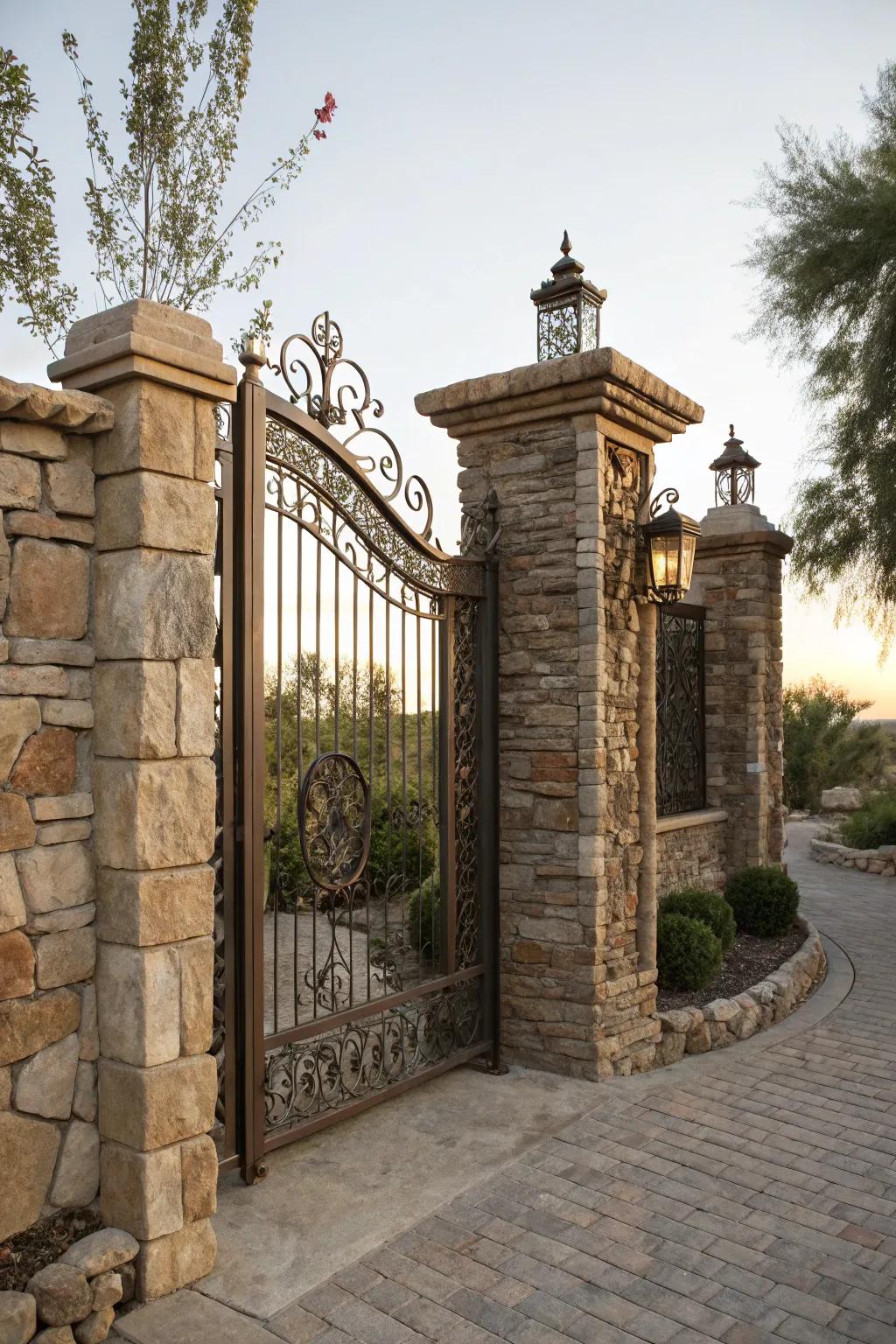 A majestic gate featuring stone and metal elements.