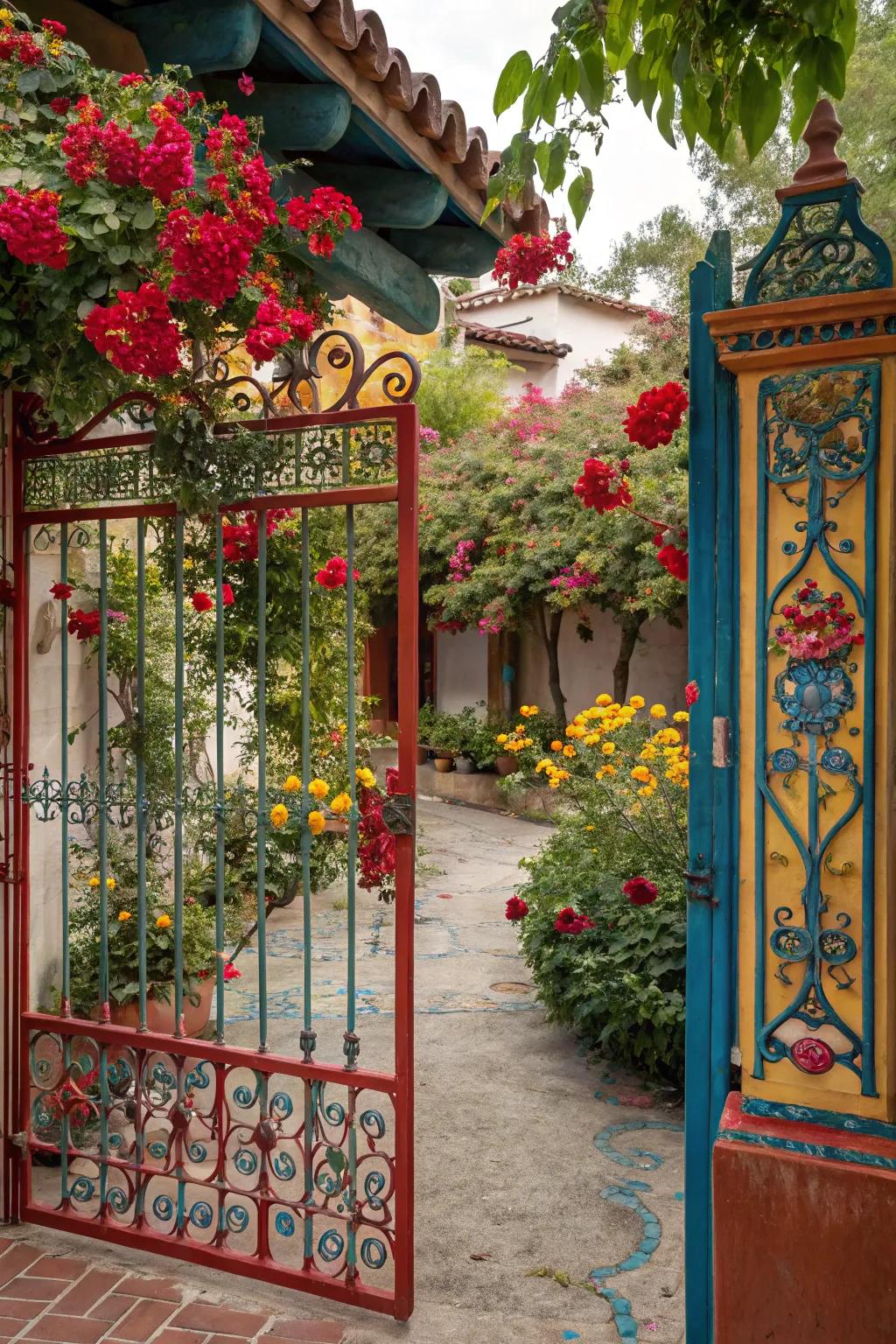 A lively gate with a splash of vibrant color.