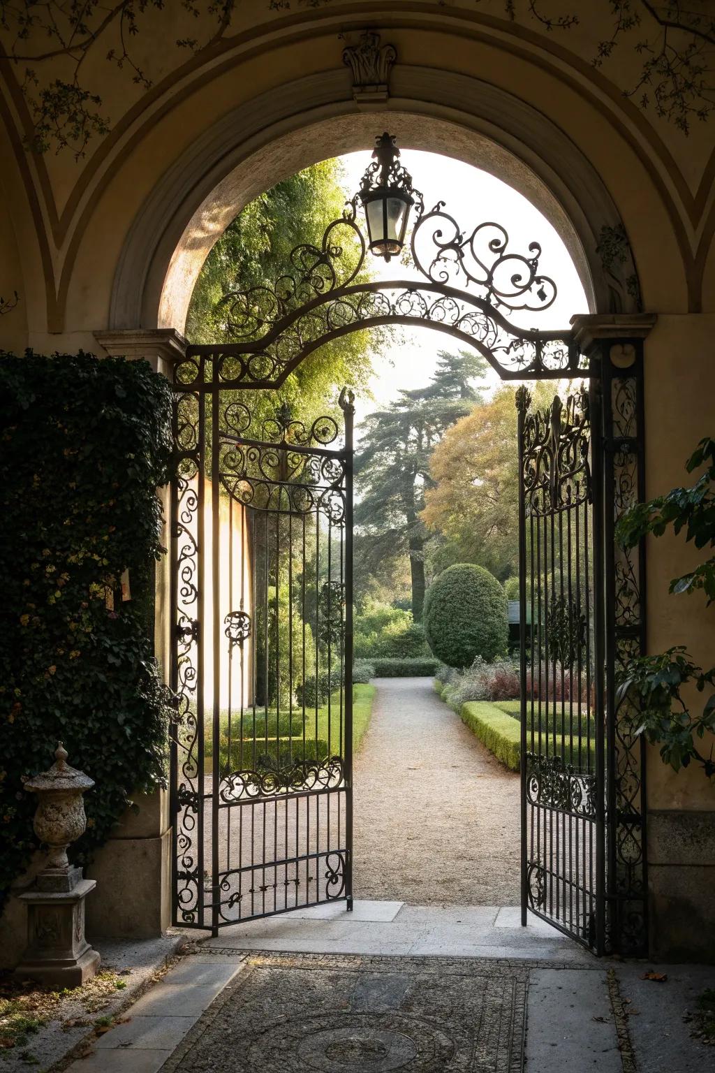 A majestic arched gate enhancing the courtyard.