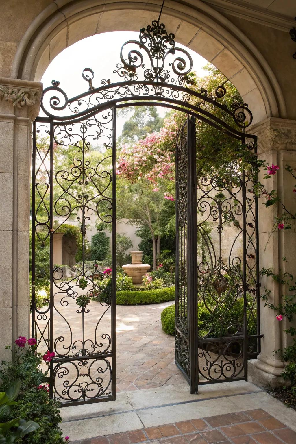 An ornate wrought iron gate with elegant scrollwork.