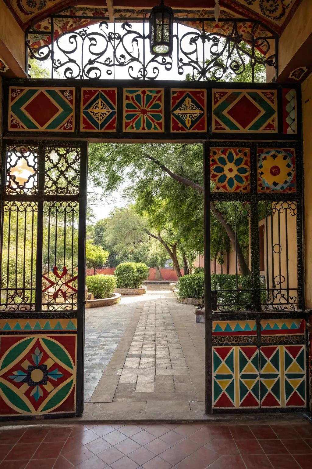 A bold gate with striking geometric designs.