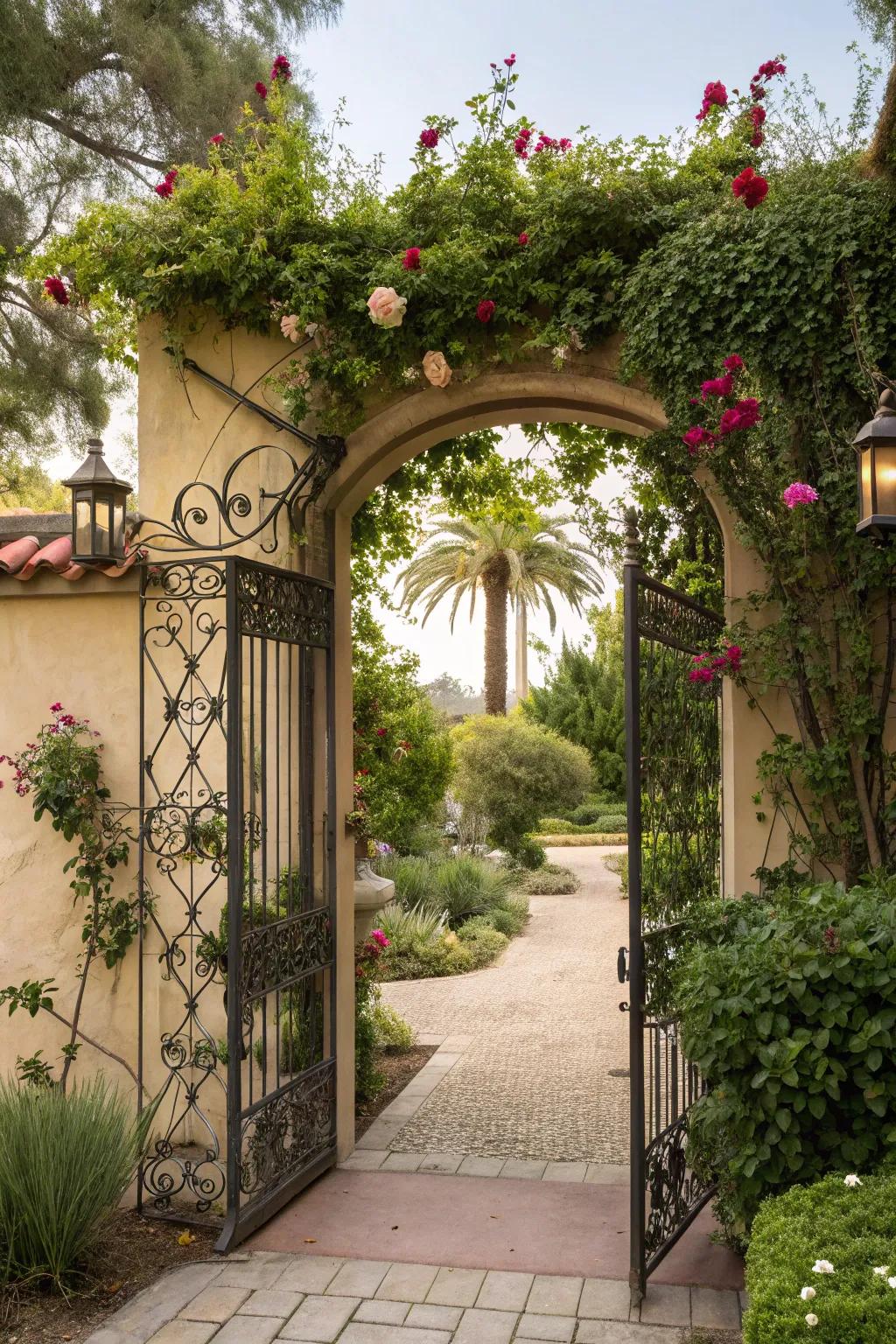 A gate beautifully intertwined with nature.