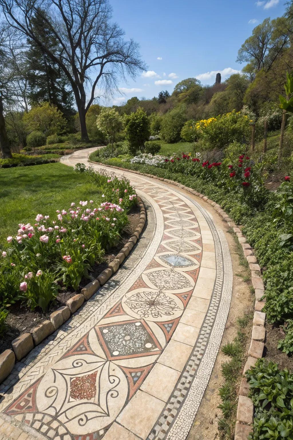 Walk on a masterpiece with mosaic path edging.
