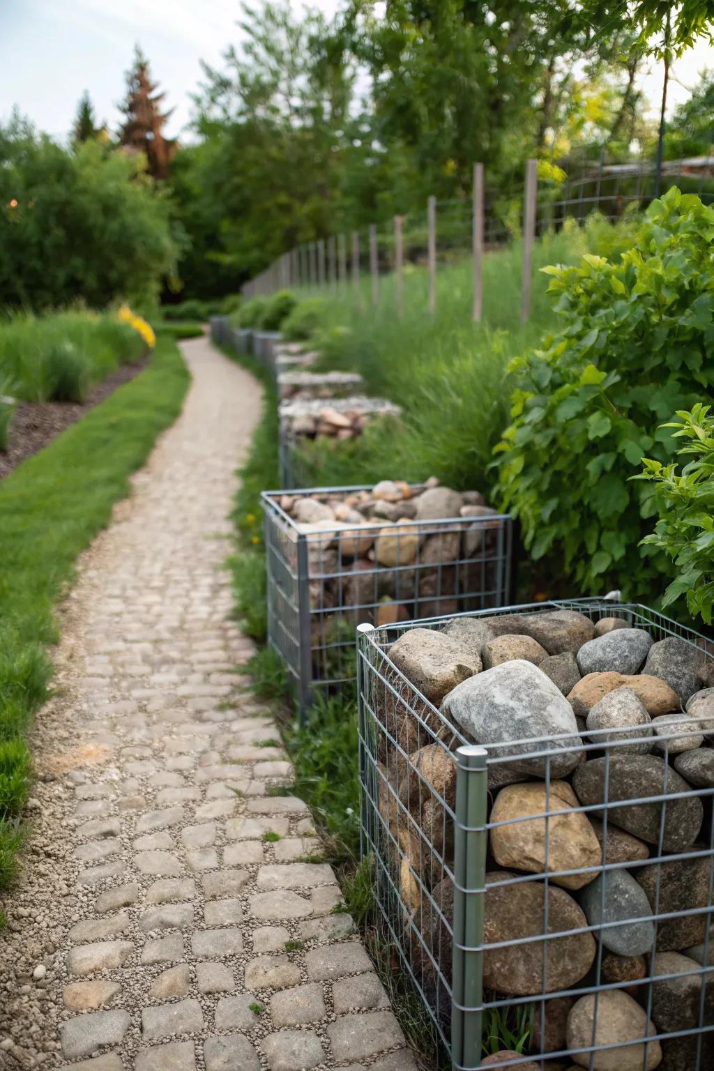Add industrial chic with caged rock borders.