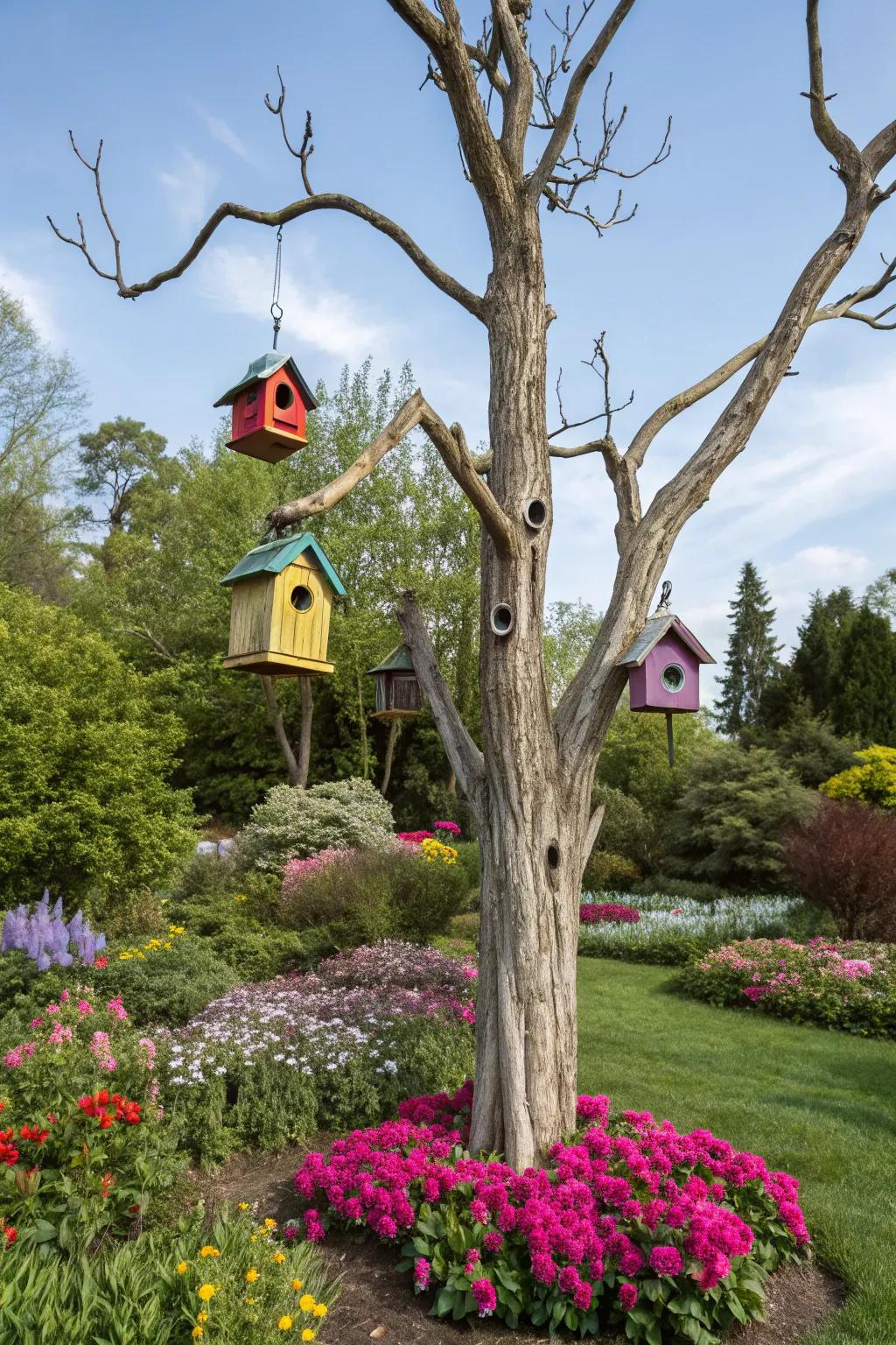 A whimsical home for birds nestled in a dead tree.
