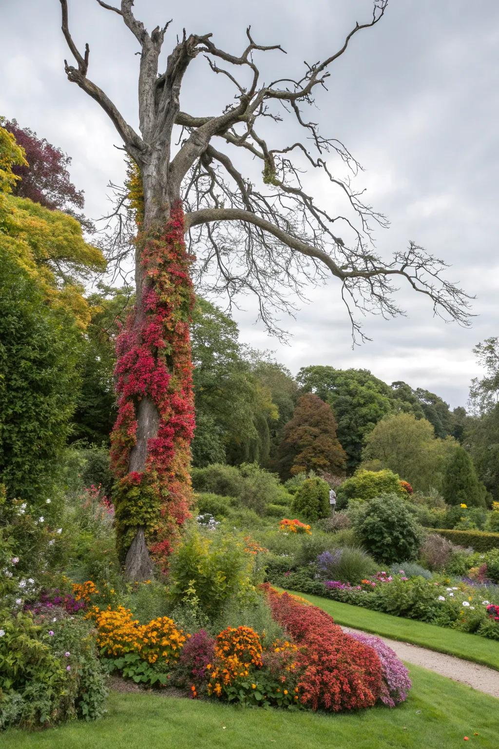 A dead tree transformed into a stunning plant support.