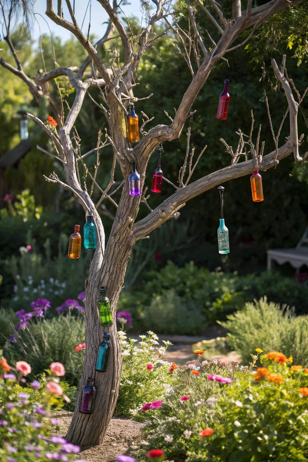 A vibrant bottle tree display in the garden.