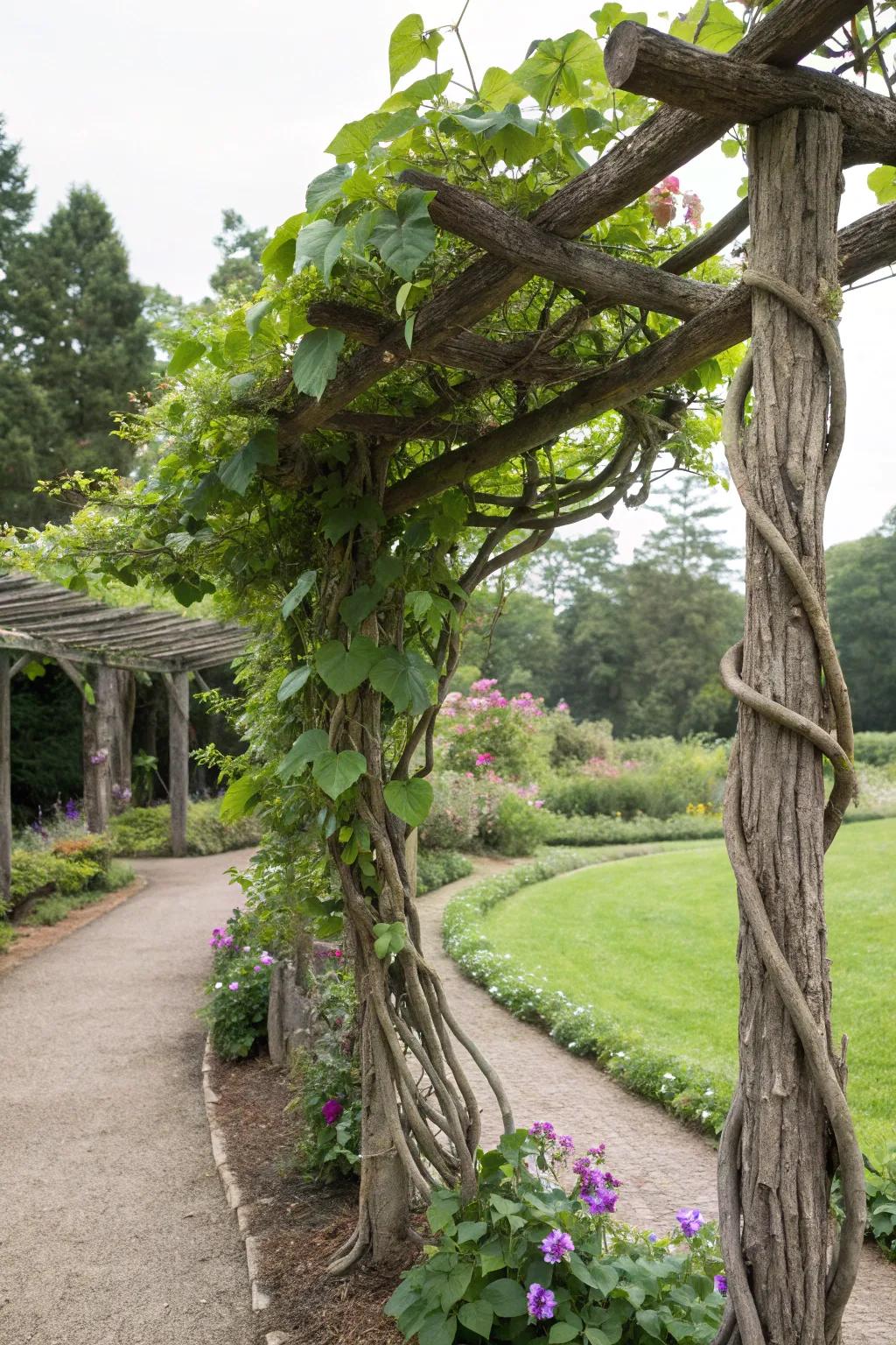 A natural trellis crafted from tree branches.