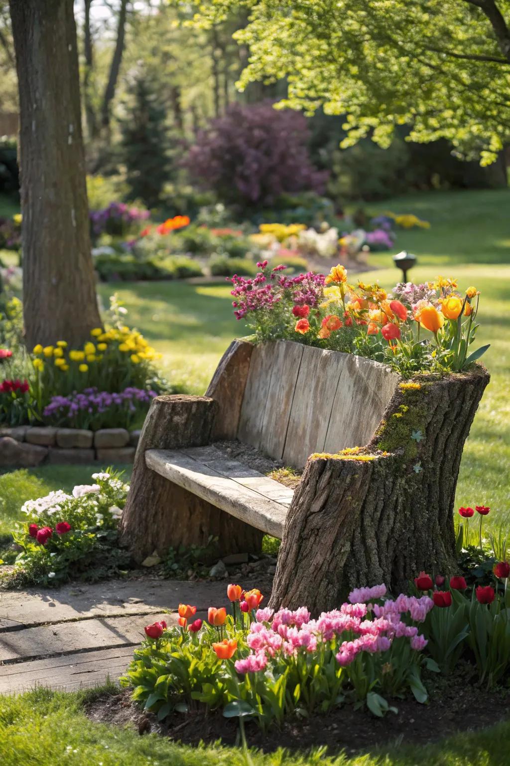 A cozy garden bench crafted from a dead tree trunk.