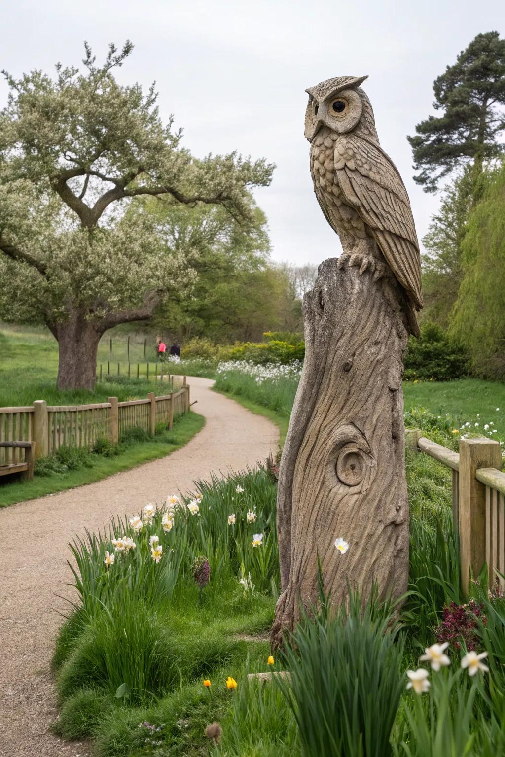A dead tree becomes a work of art in the garden.