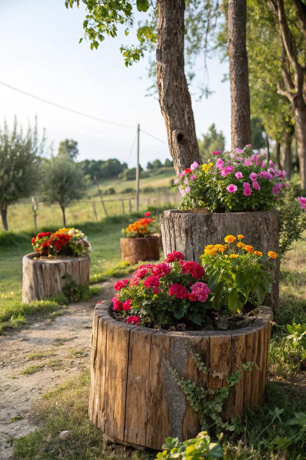 Rustic planters crafted from hollowed tree trunks.