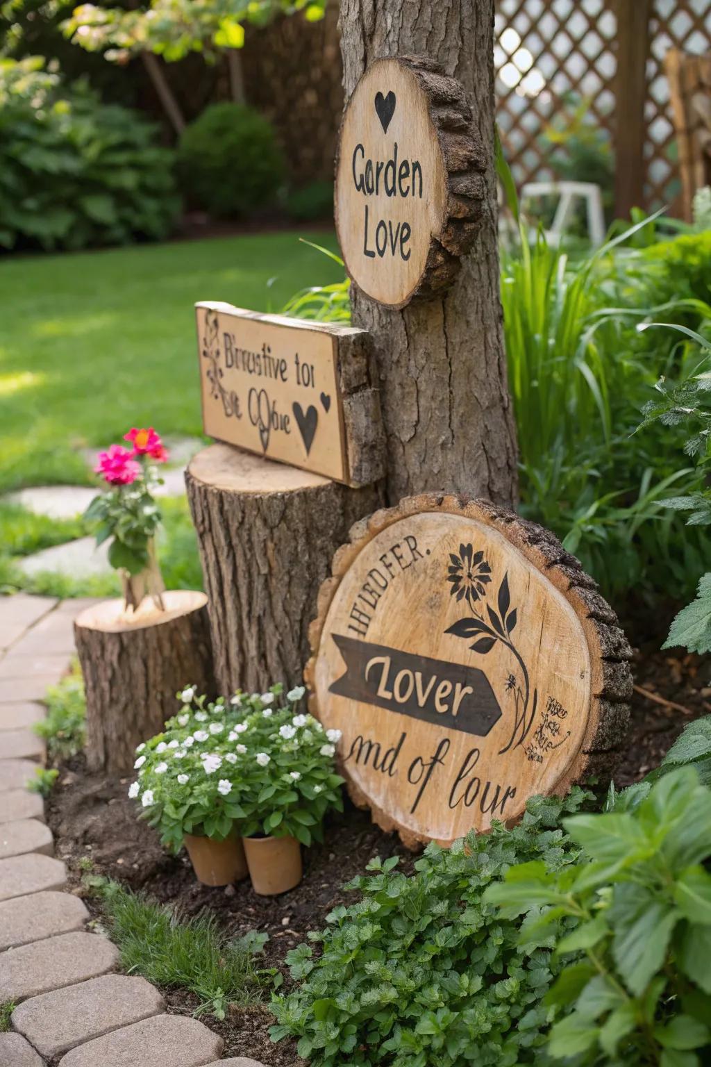 Personalized yard signage crafted from a dead tree.