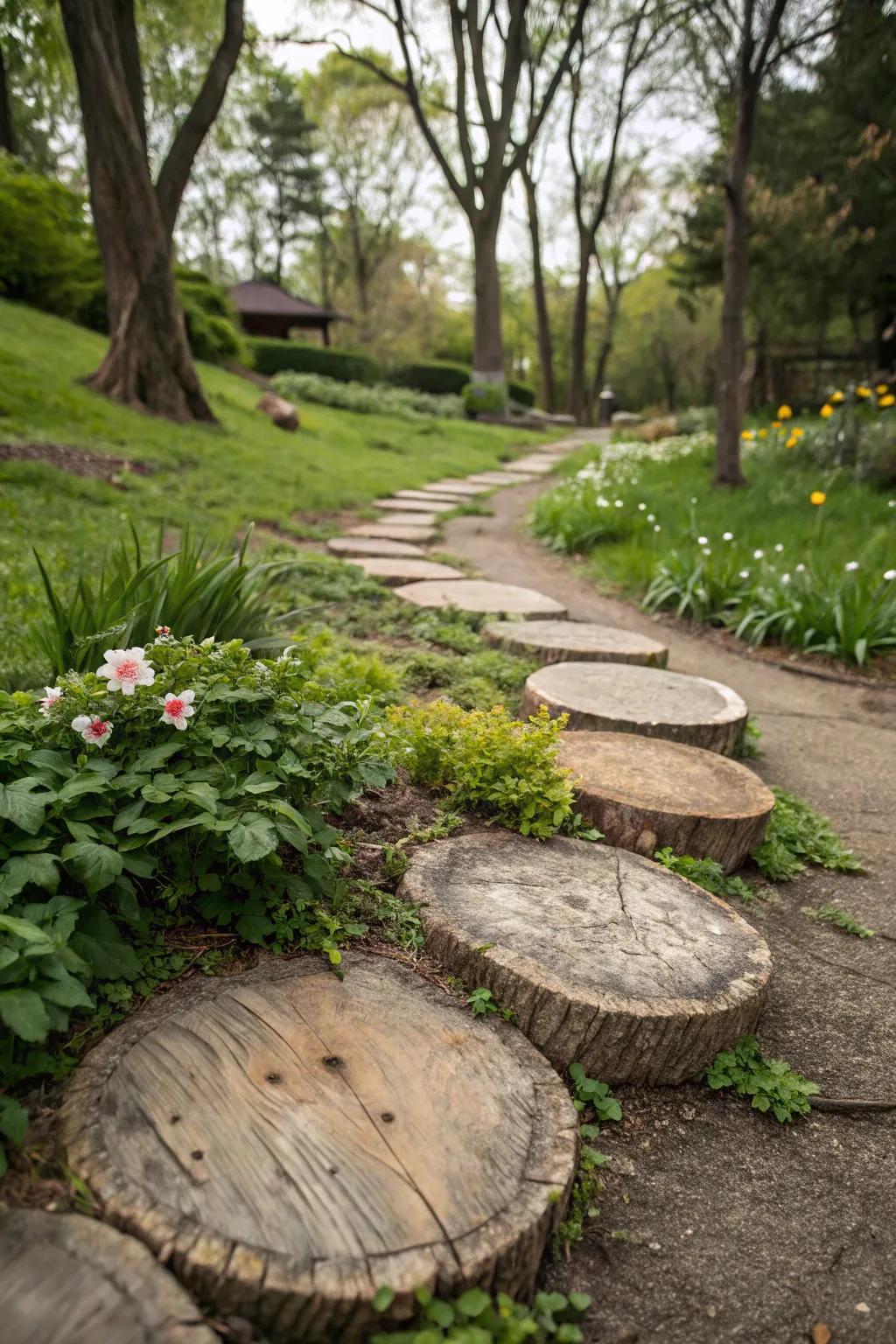 Organic stepping stones crafted from tree trunk rounds.