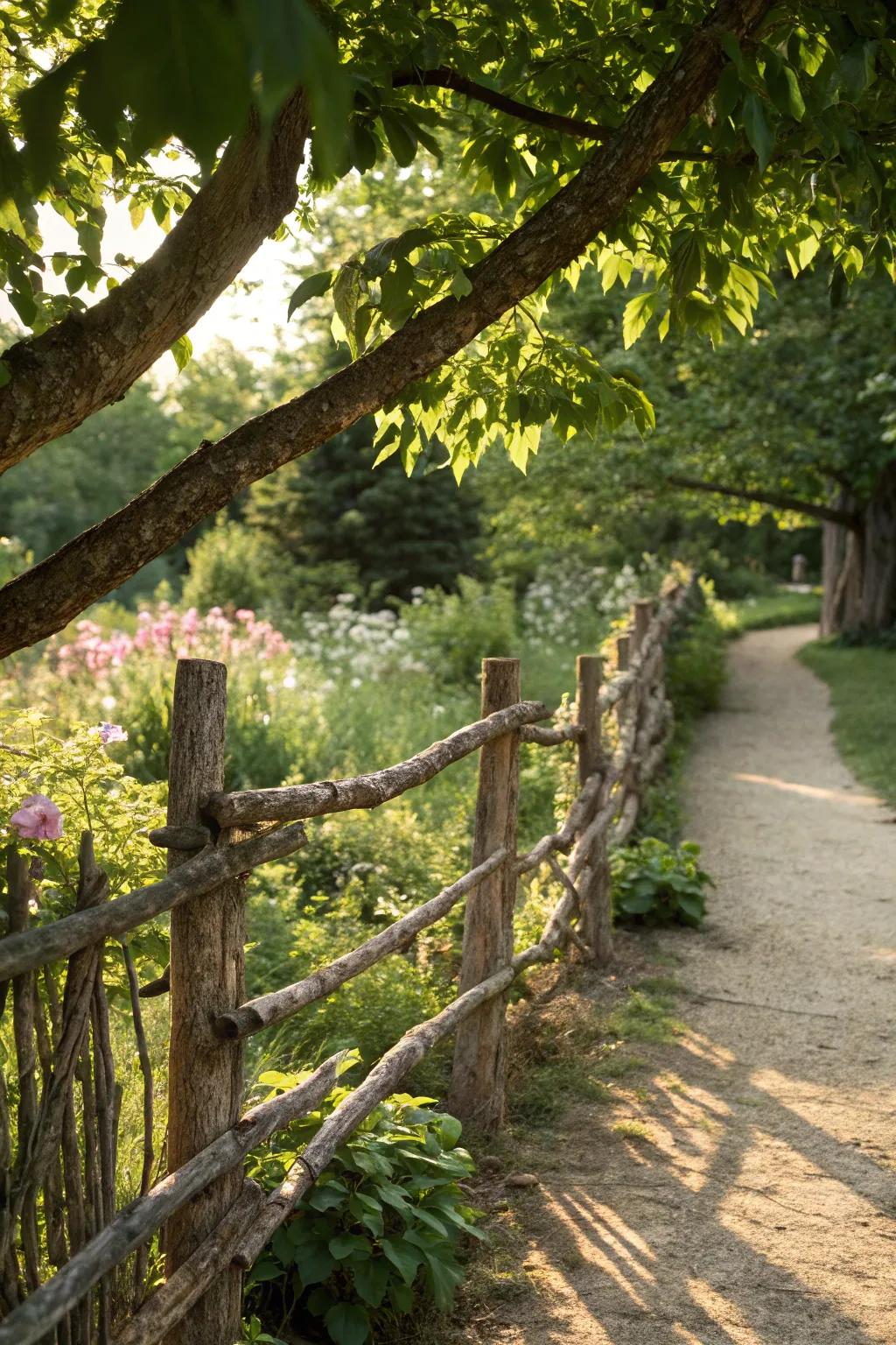 A charming rustic fence crafted from tree branches.