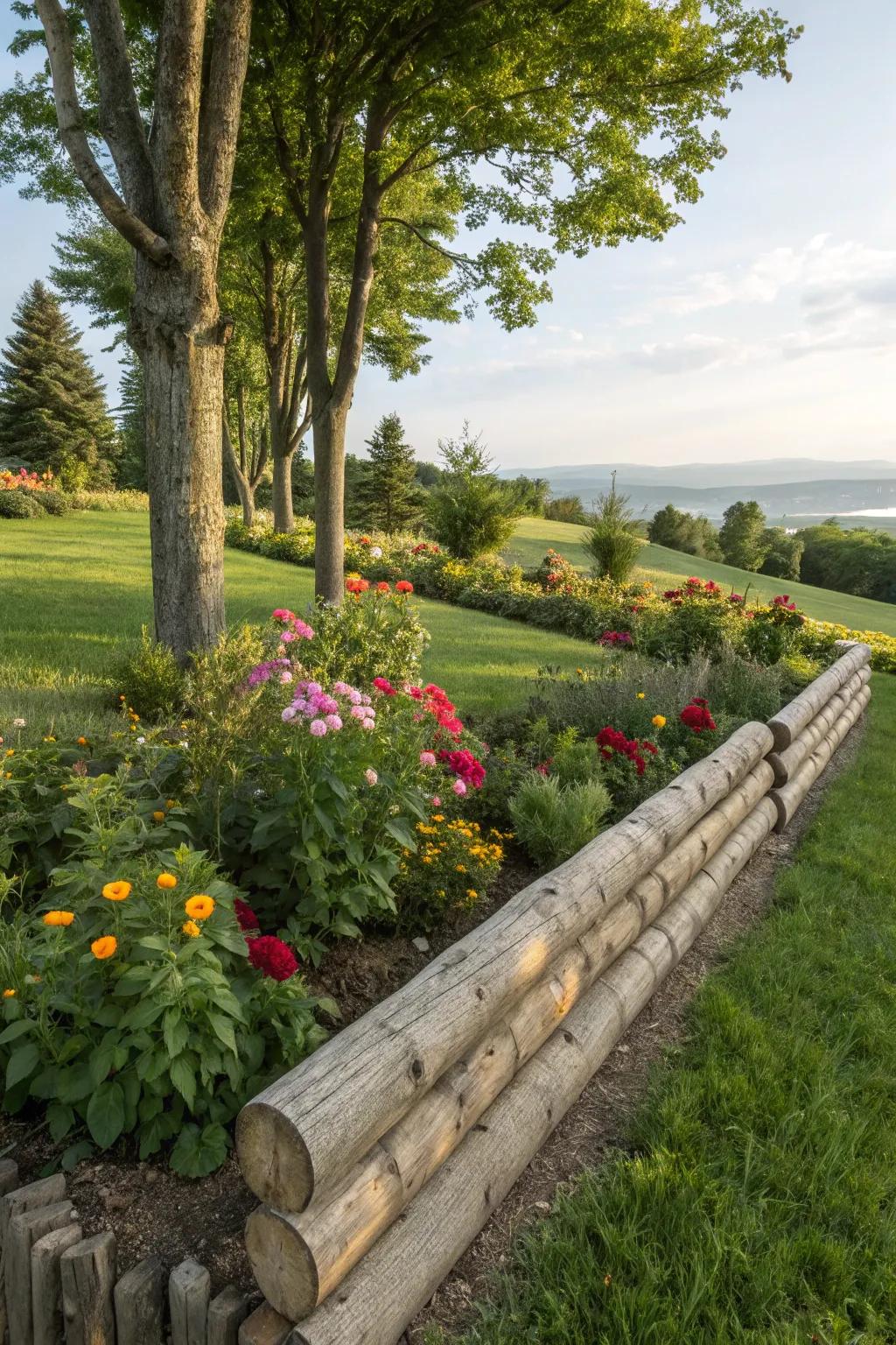 Creating natural garden borders with tree trunks.