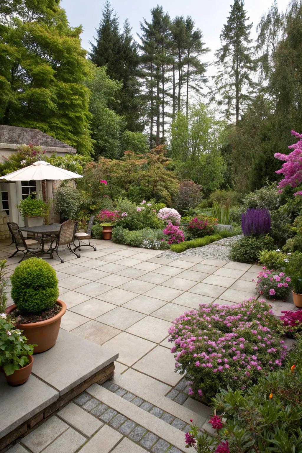 A garden oasis enveloping a tranquil patio.