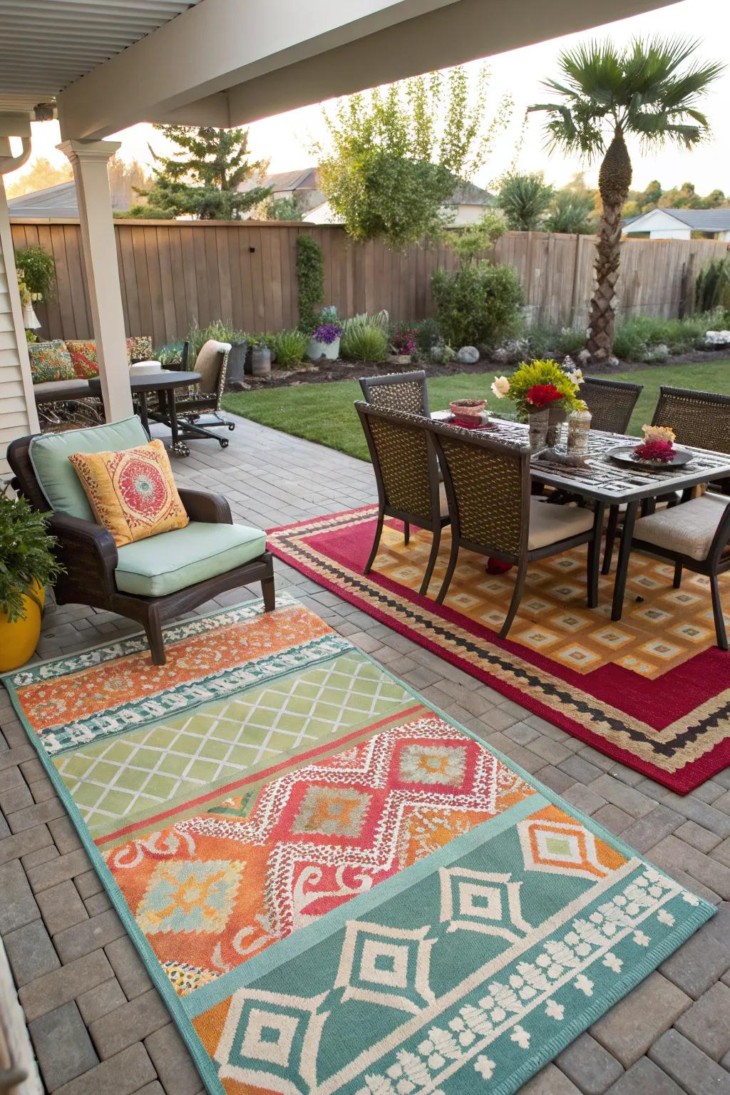 Outdoor rugs creating distinct zones on the patio.