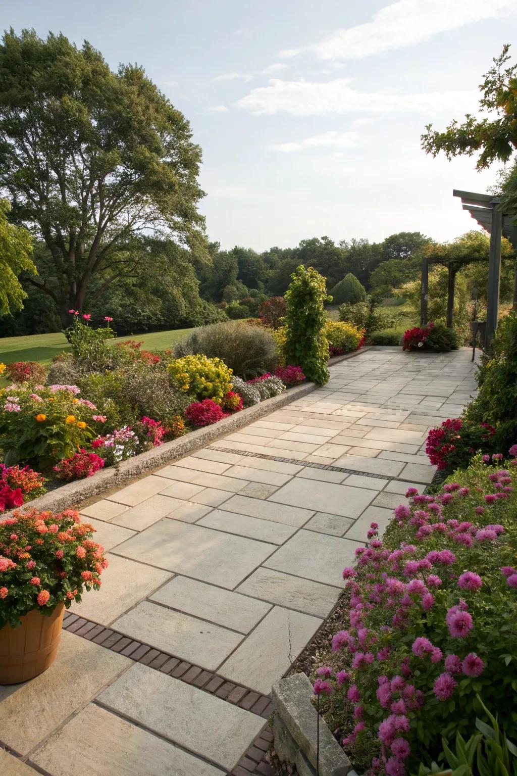 Lush plant borders enhancing the beauty of a patio.