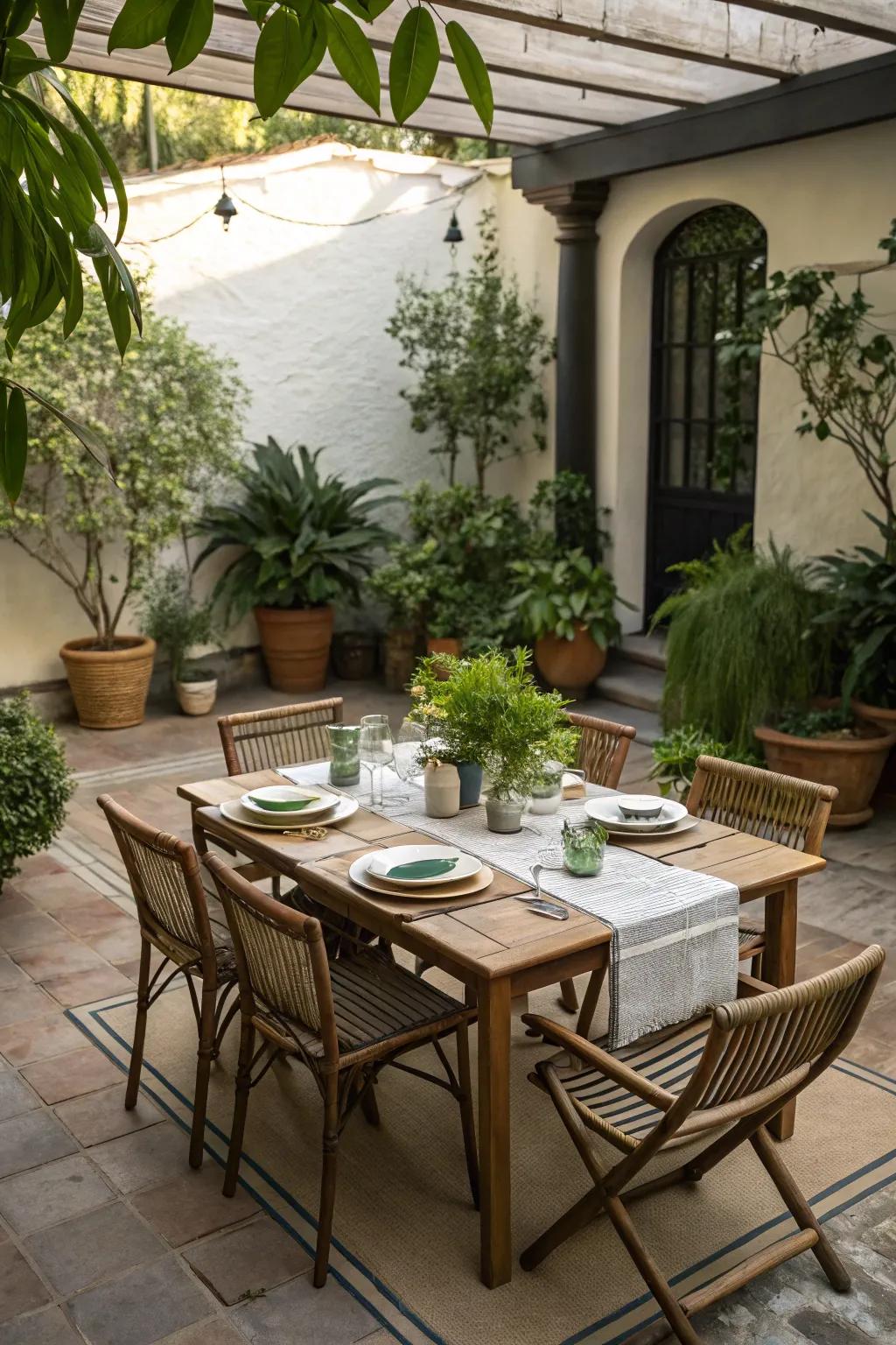 An inviting outdoor dining setup on a patio.