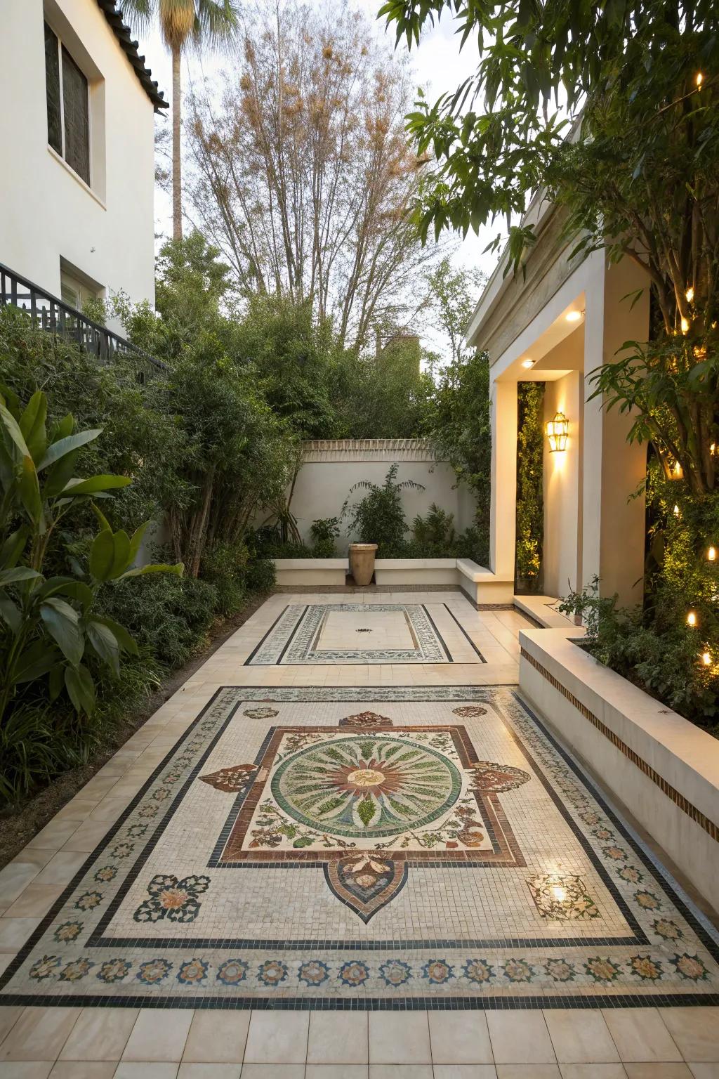 An artistic mosaic inlay adding a unique touch to the patio.