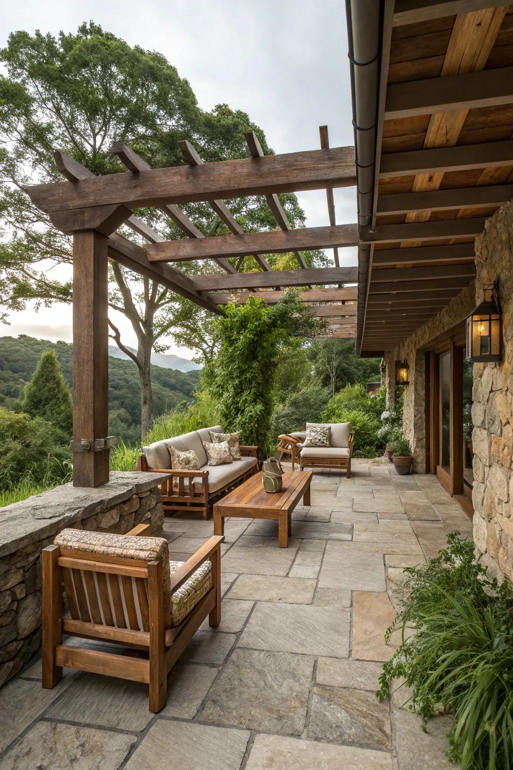 A rustic patio blending natural materials for country charm.