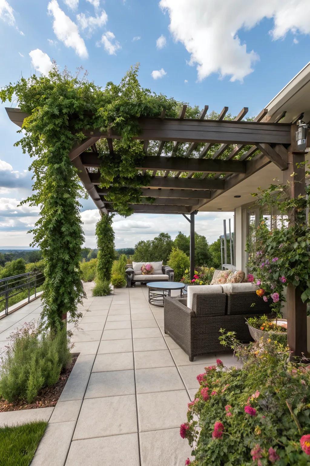 A pergola-covered patio offering a shaded, serene retreat.