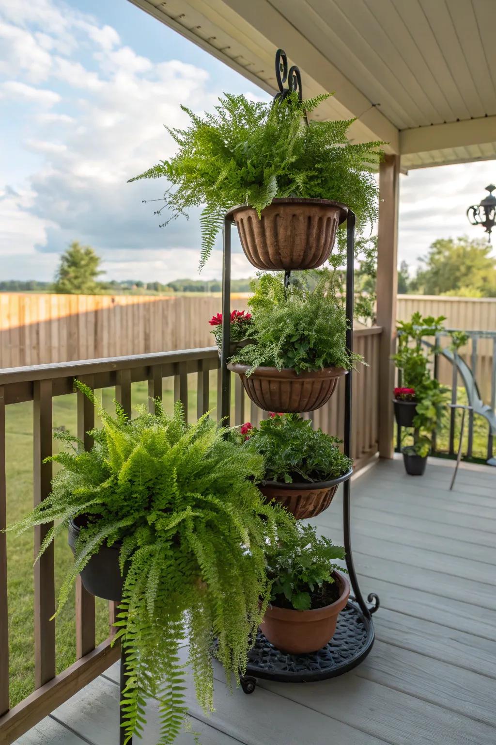 A plant stand elevates and showcases ferns beautifully.