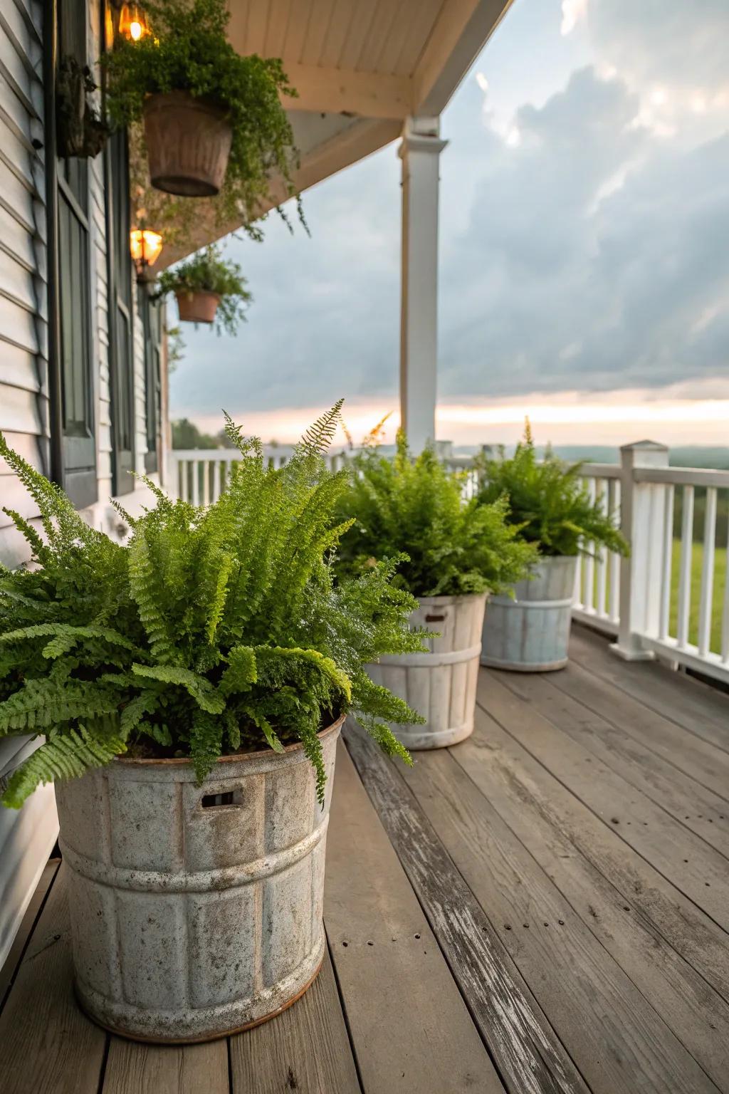 Ferns in vintage containers add charm and personality.