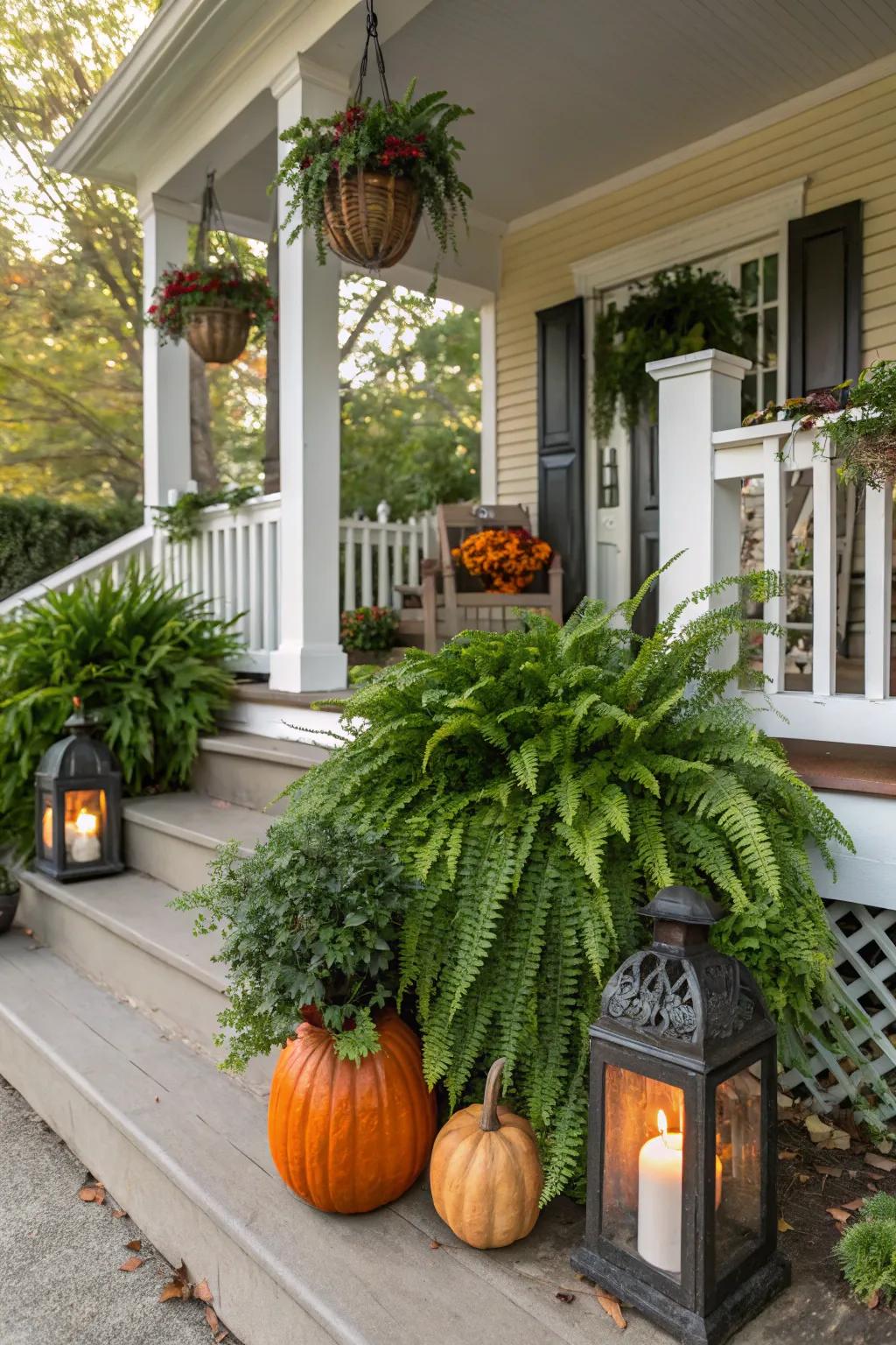 Ferns and seasonal decor keep the porch inviting year-round.