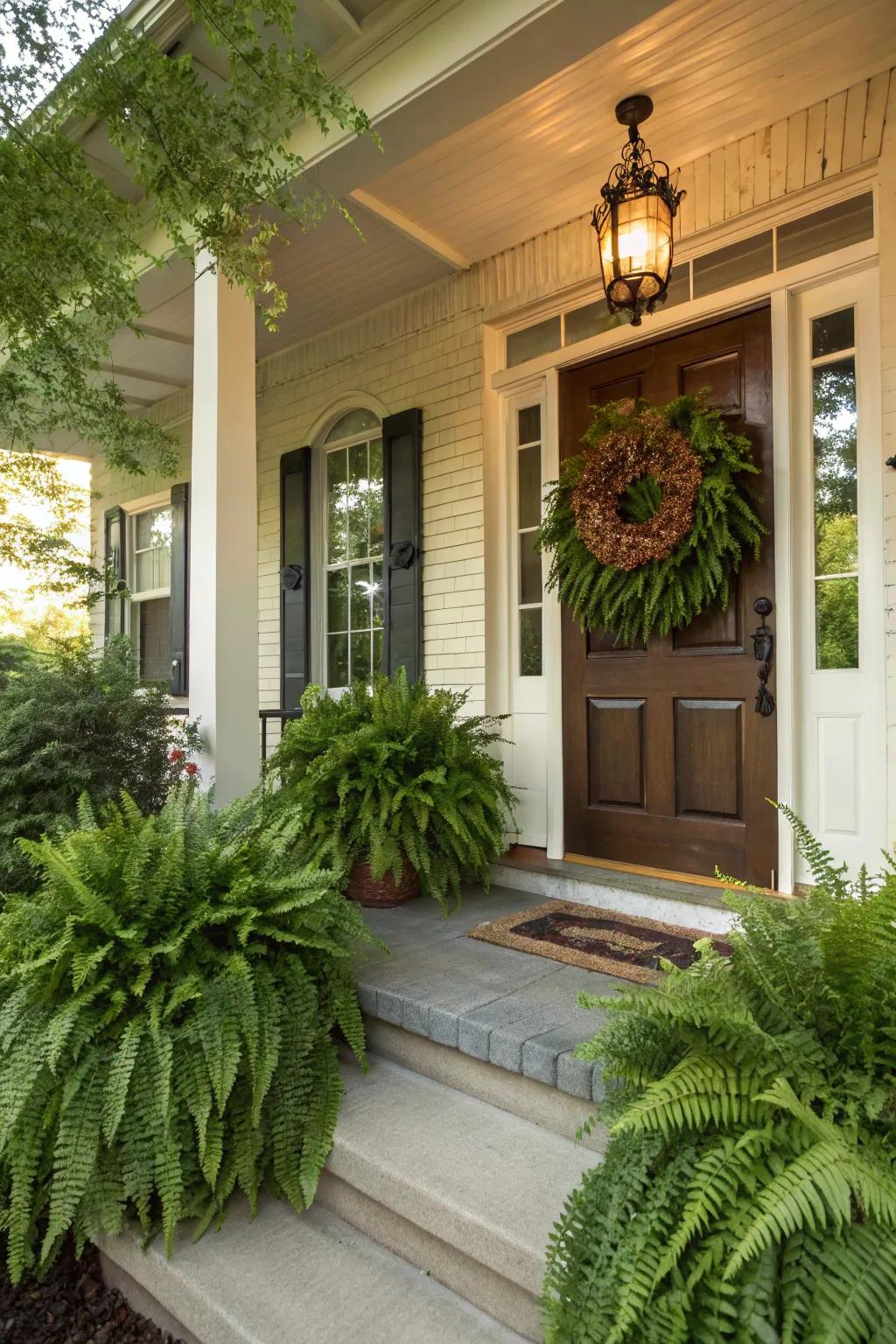 Ferns and a wreath make for a charming entryway.