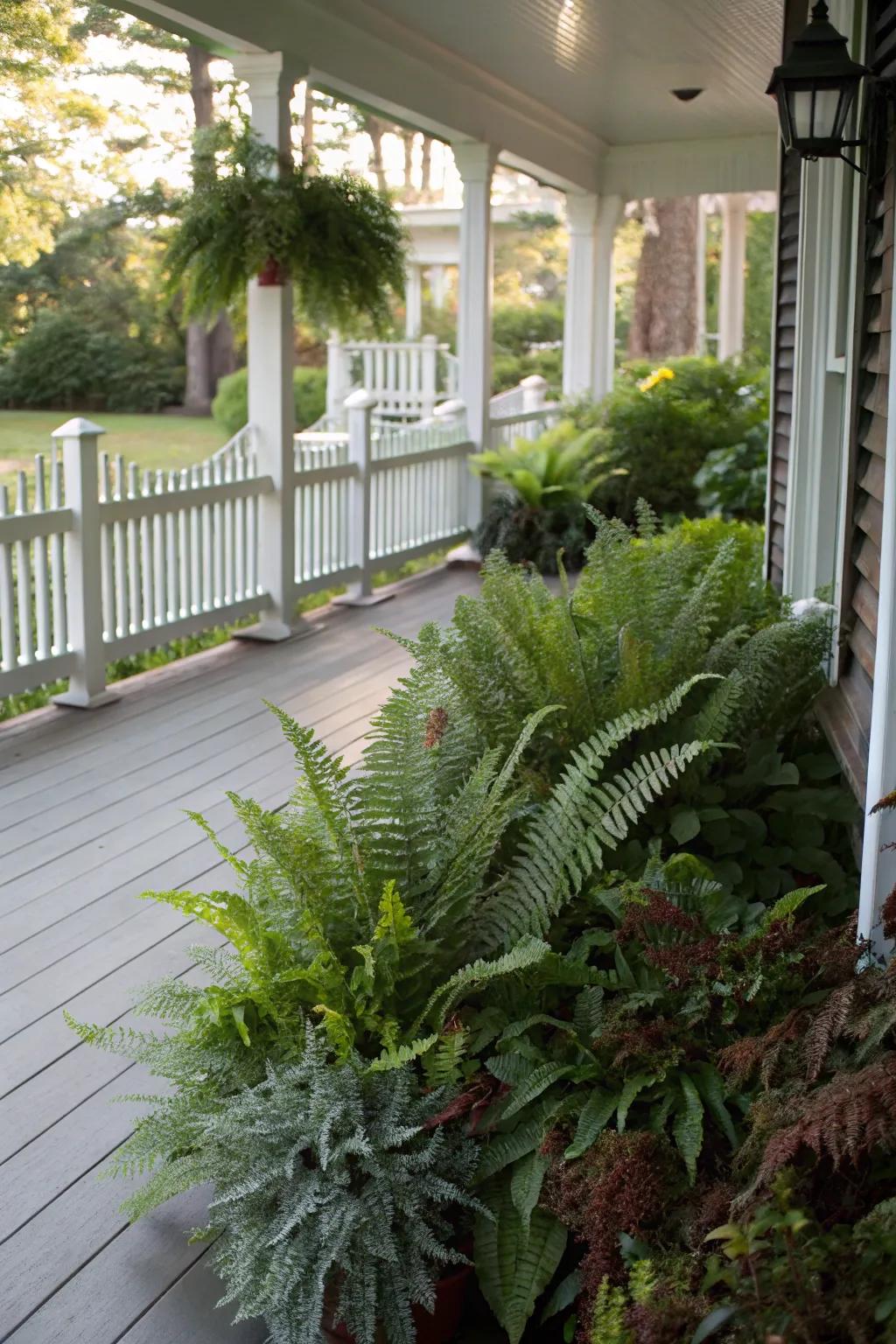 Unusual fern colors add a surprising twist to porch decor.