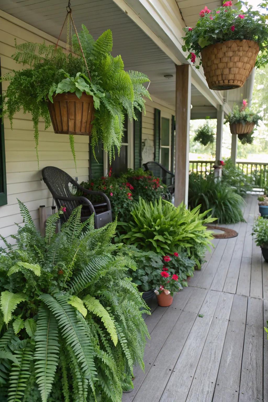Mixing fern varieties adds texture and an eclectic feel.