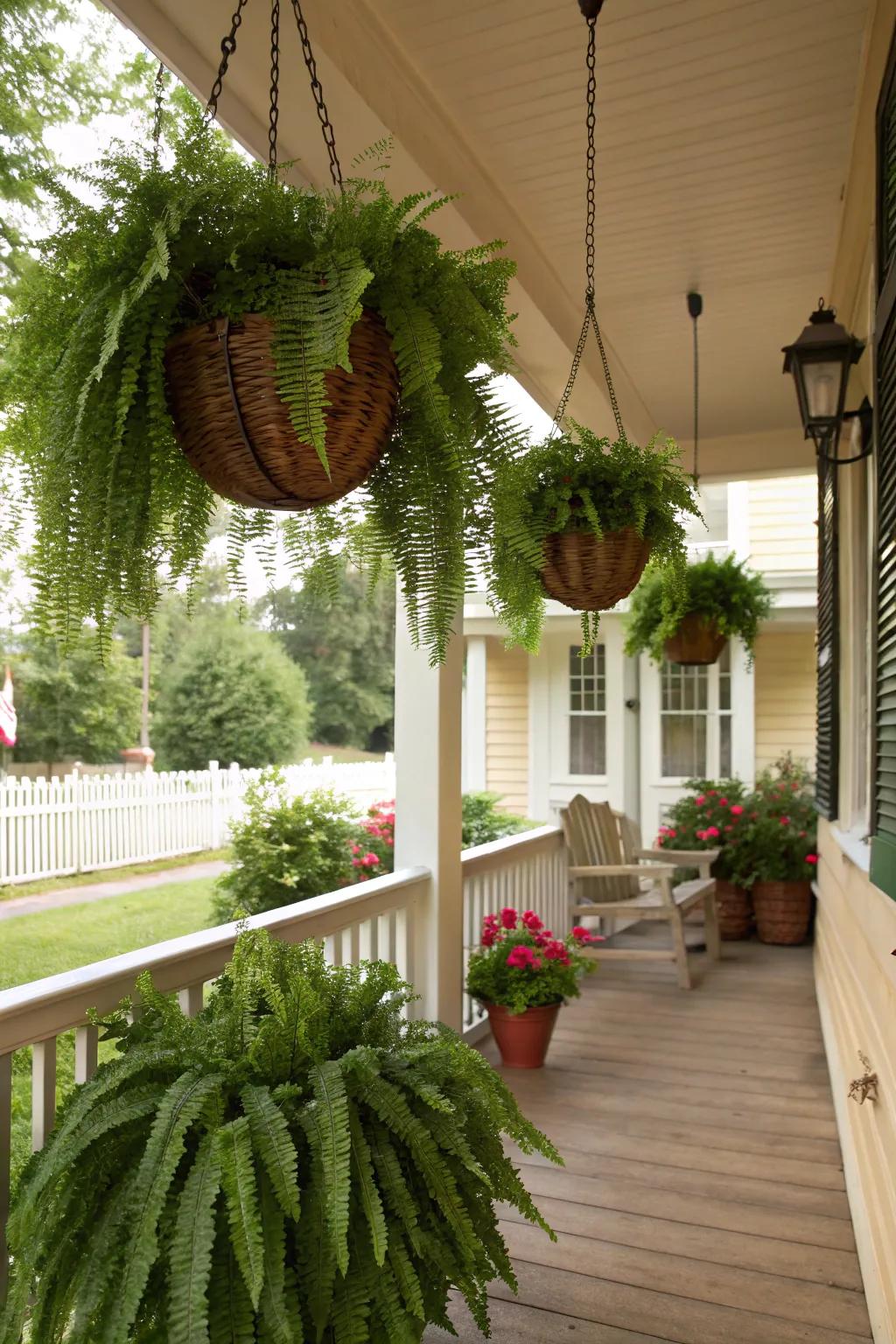 Hanging ferns add vertical interest and lush greenery.