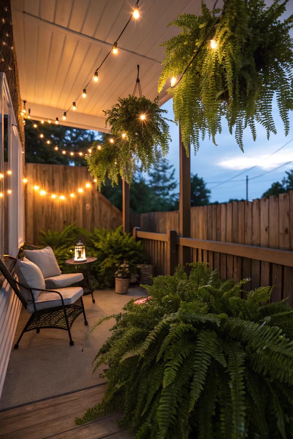 String lights add a magical glow to ferns on a porch.