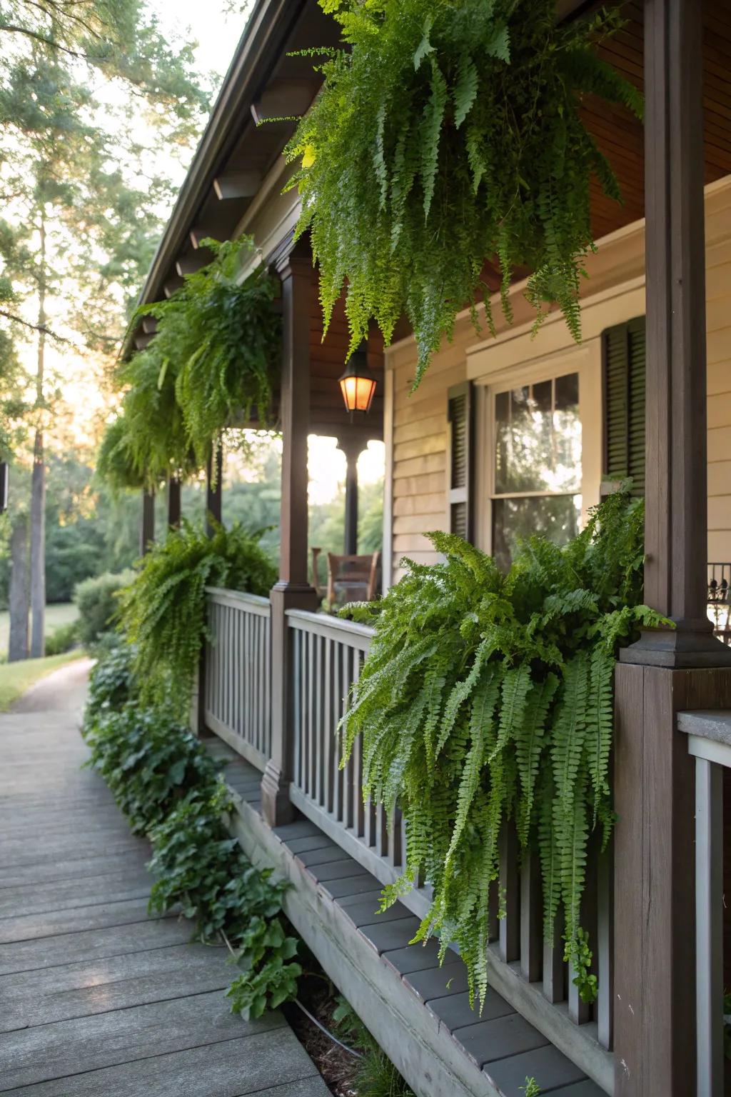 Ferns over railings soften and beautify porch lines.