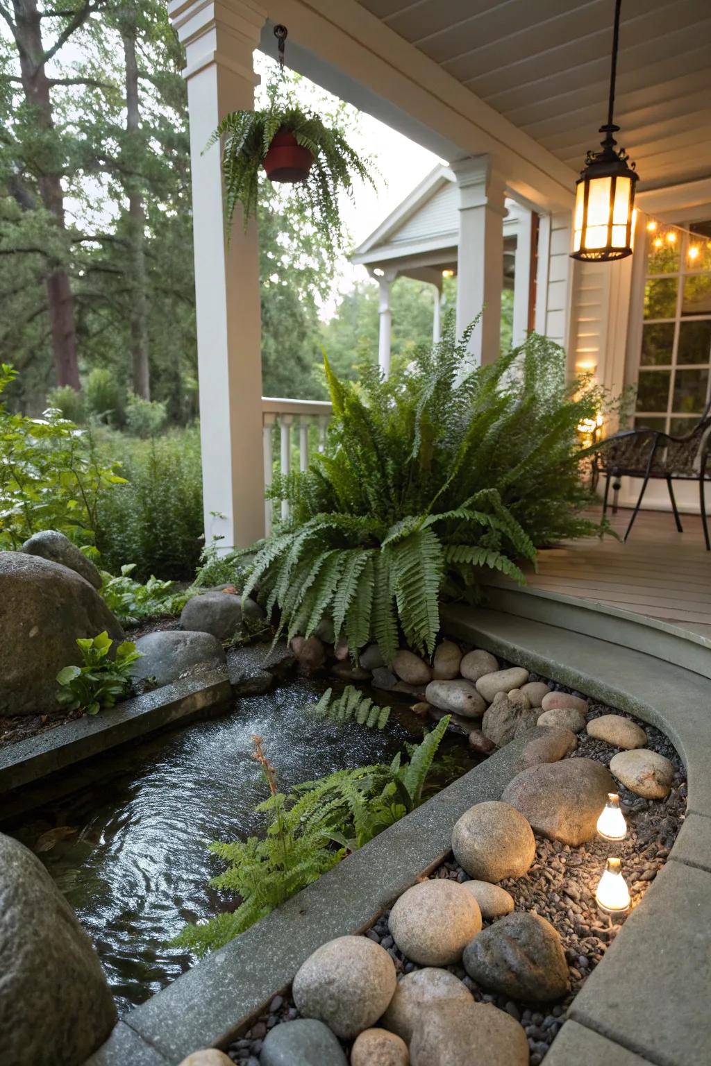 A Zen corner with ferns offers tranquility on your porch.