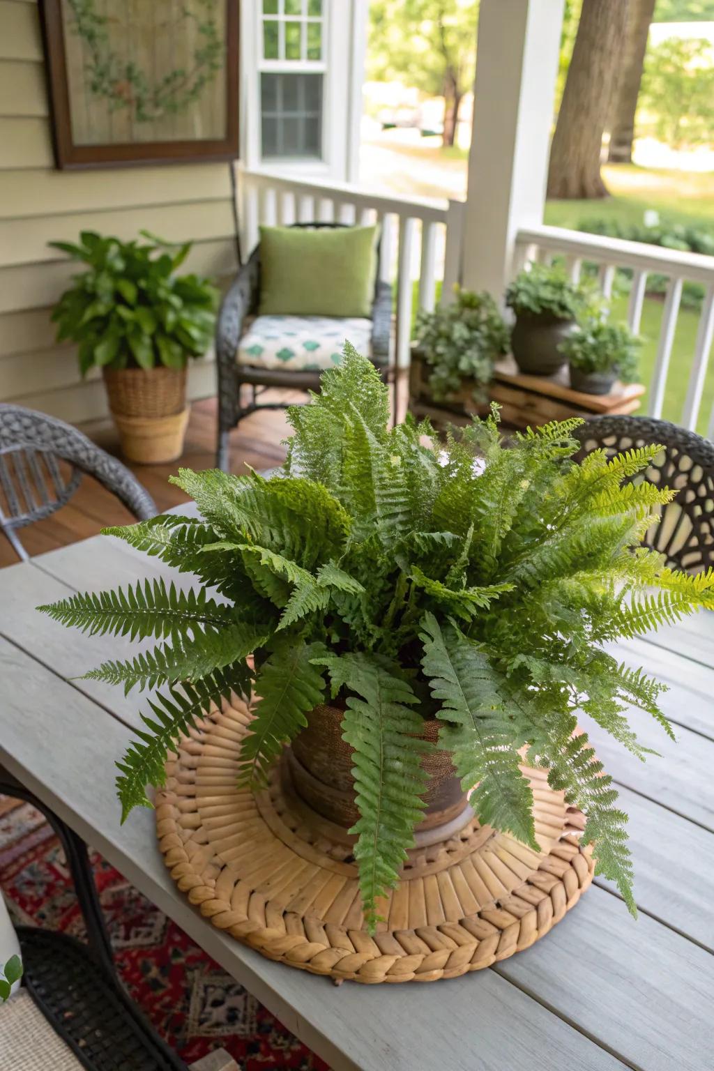 A large fern centerpiece makes a bold statement on a porch table.