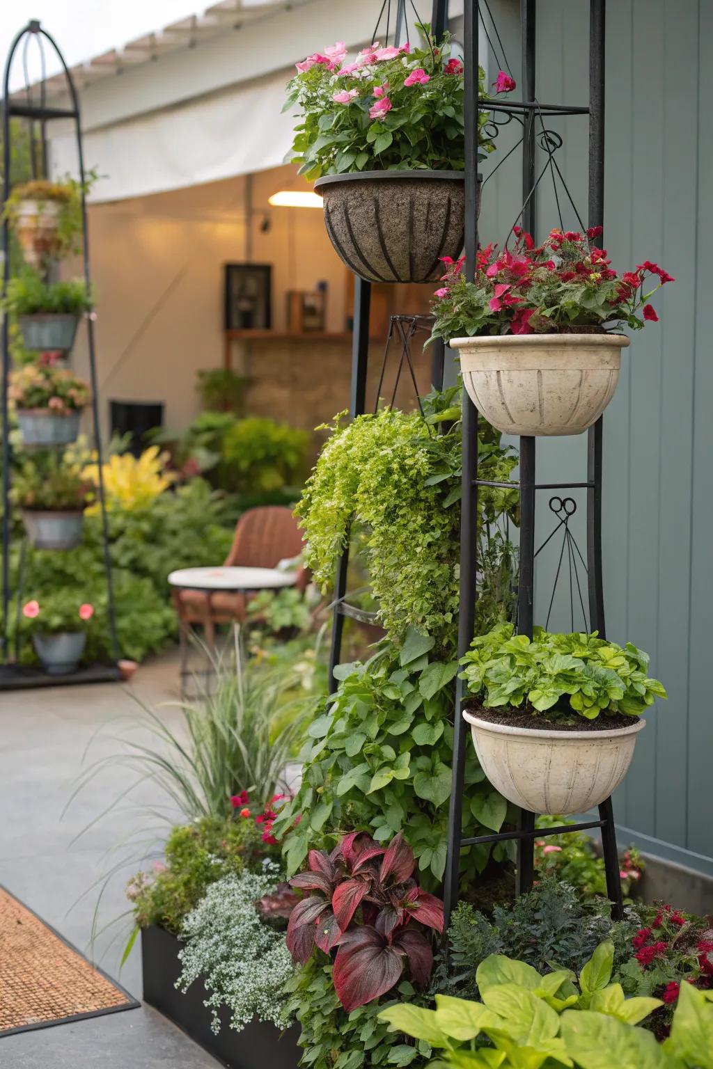 Varying heights and levels create dimension in a container garden.