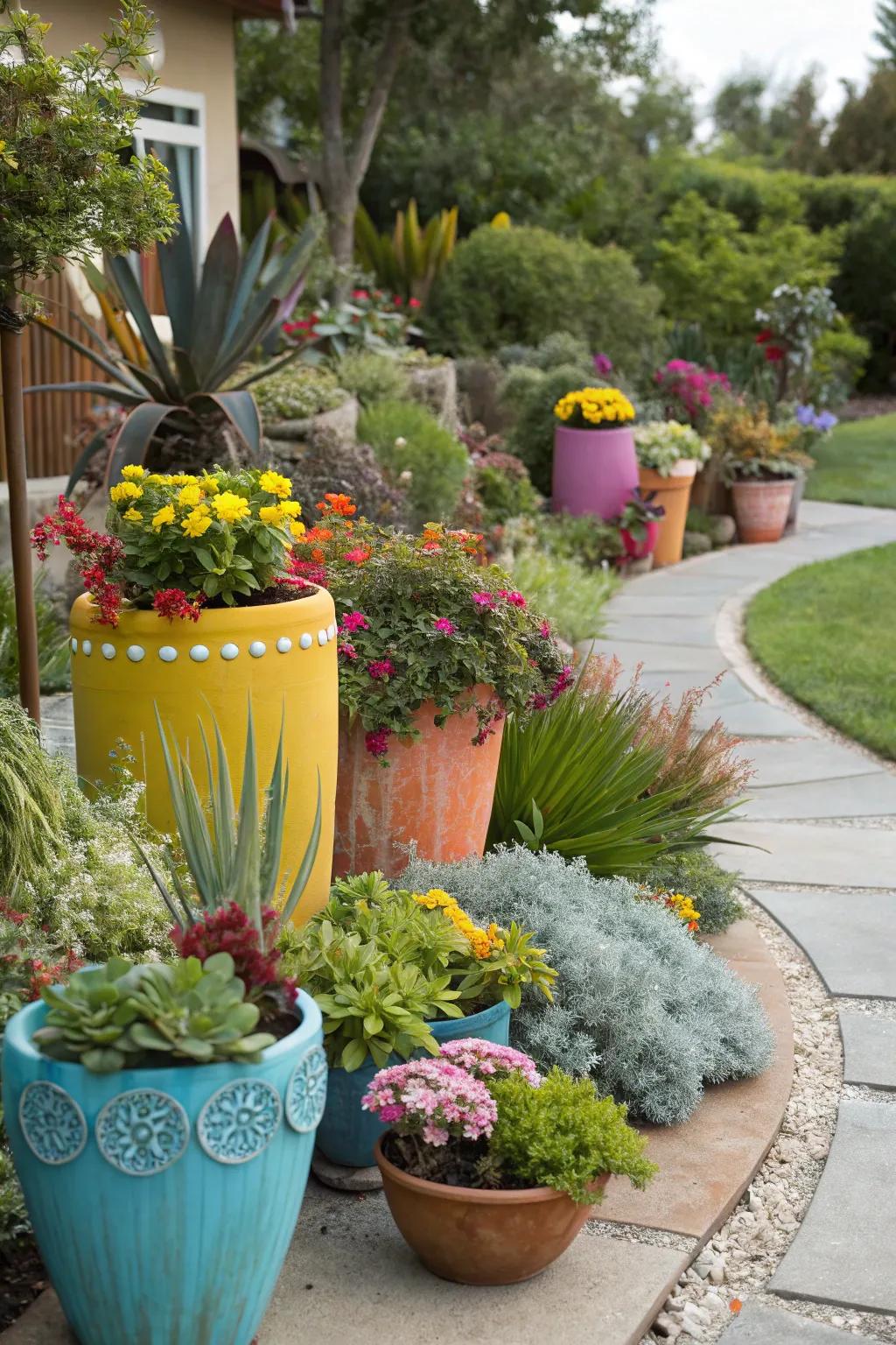 A diverse mix of plants creating a lush and colorful container garden.