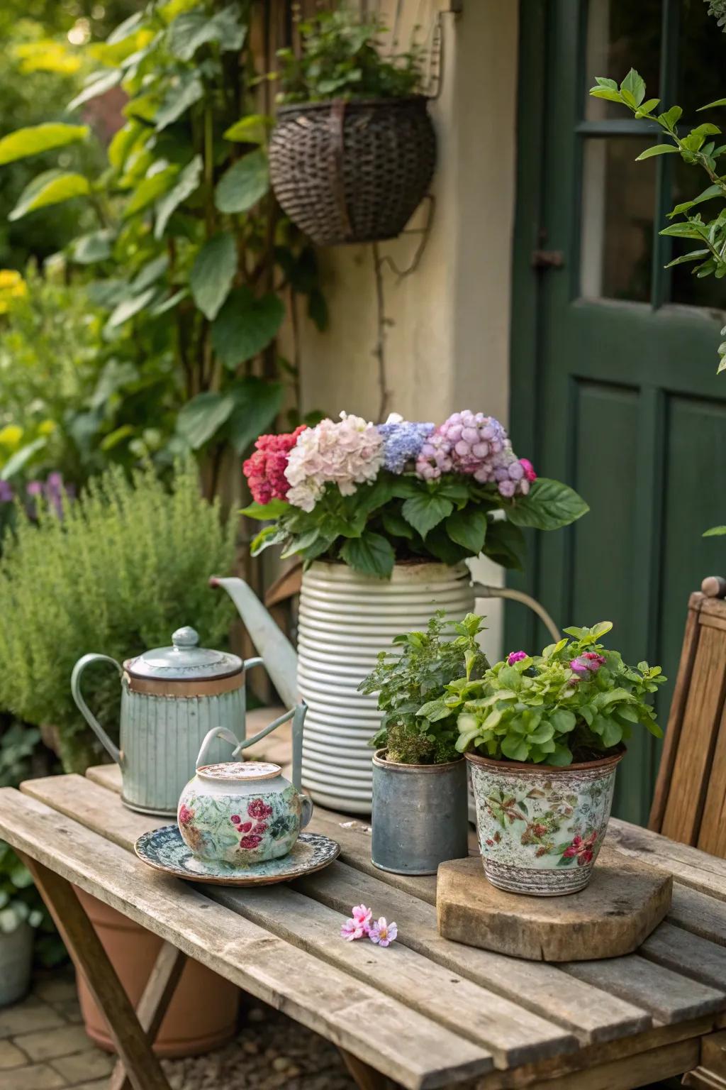 Creative use of unique containers in a charming garden layout.