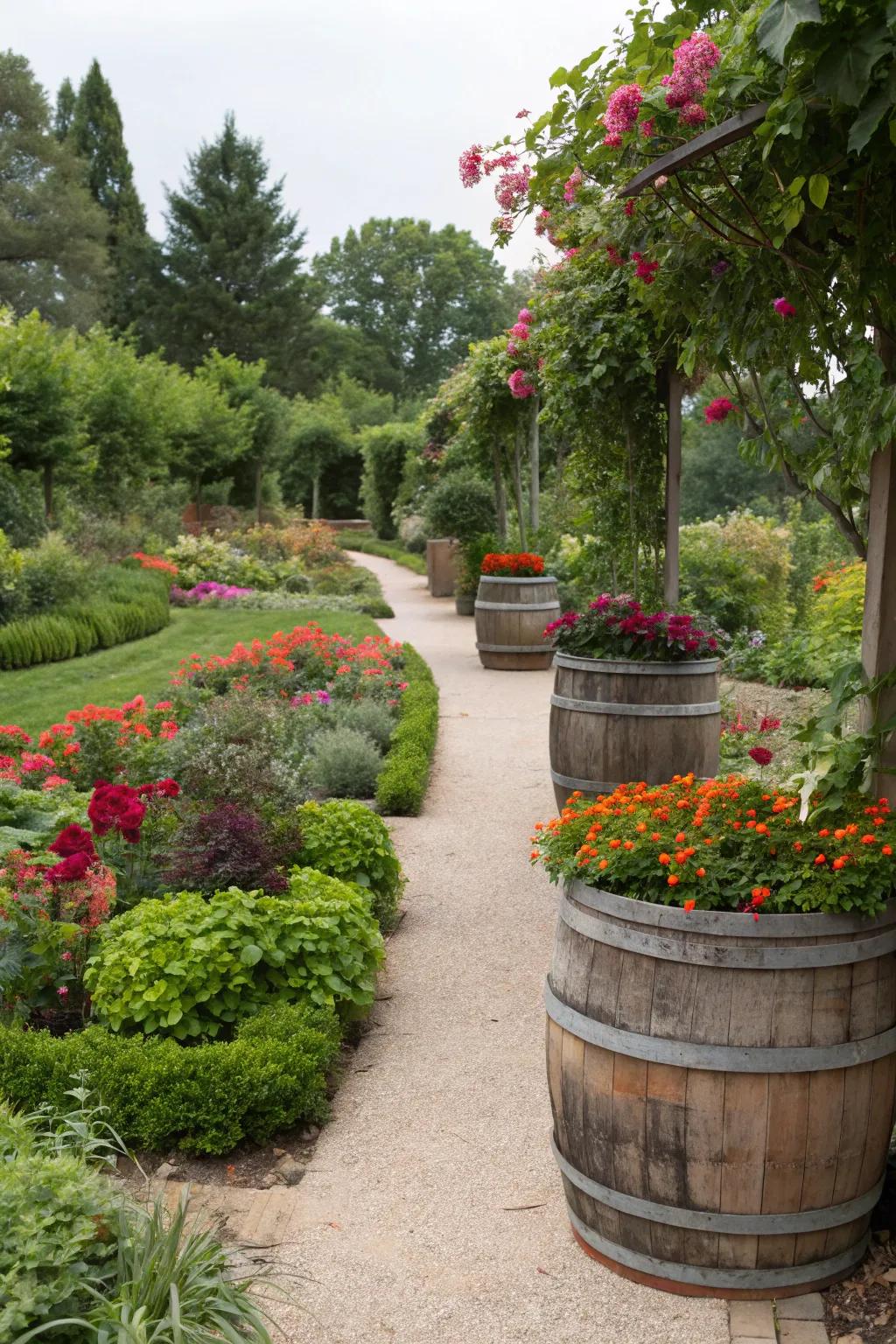 Containers strategically placed to guide garden pathways and areas.