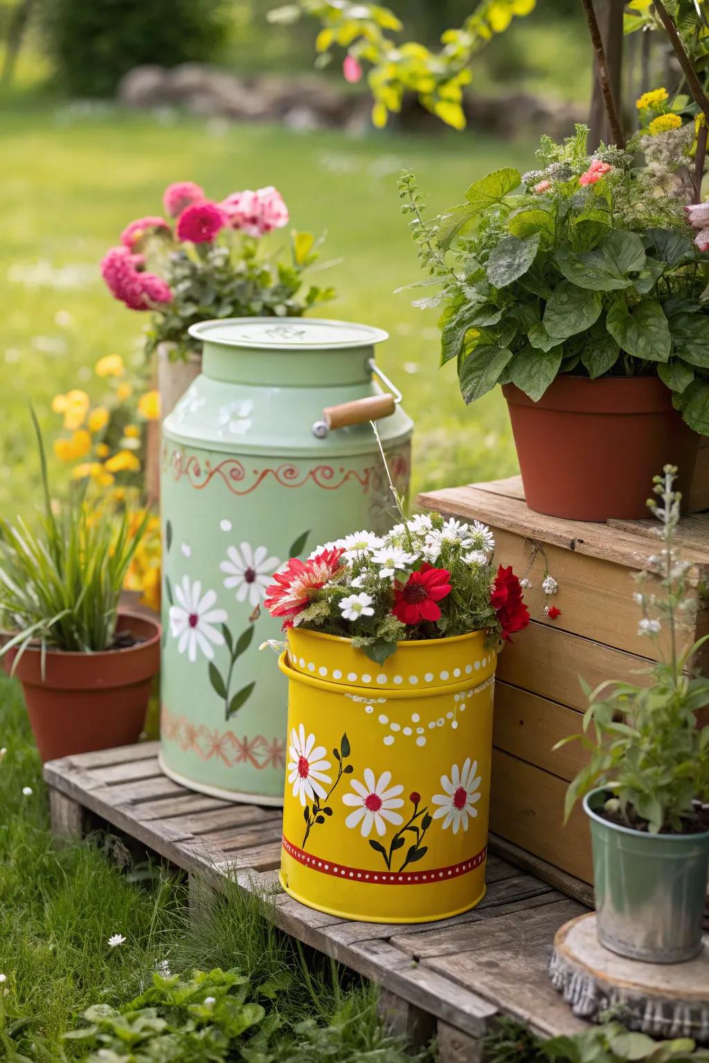 A DIY transformation of containers with paint and decorative elements.