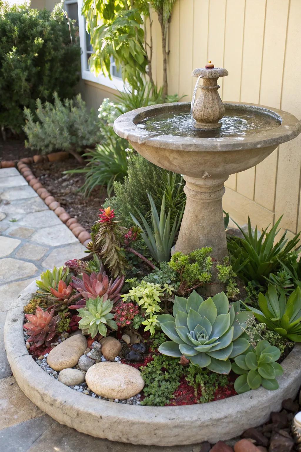 A tranquil water feature with a bird bath doubling as a planter.