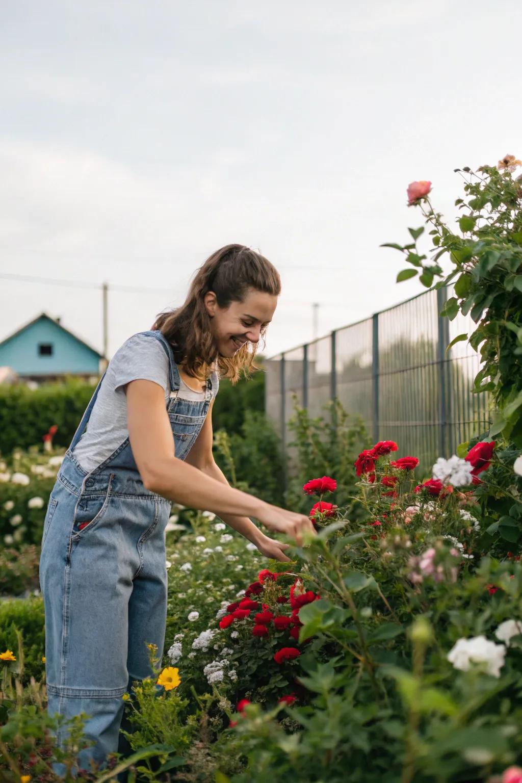 Denim overalls provide practical protection for any gardening enthusiast.