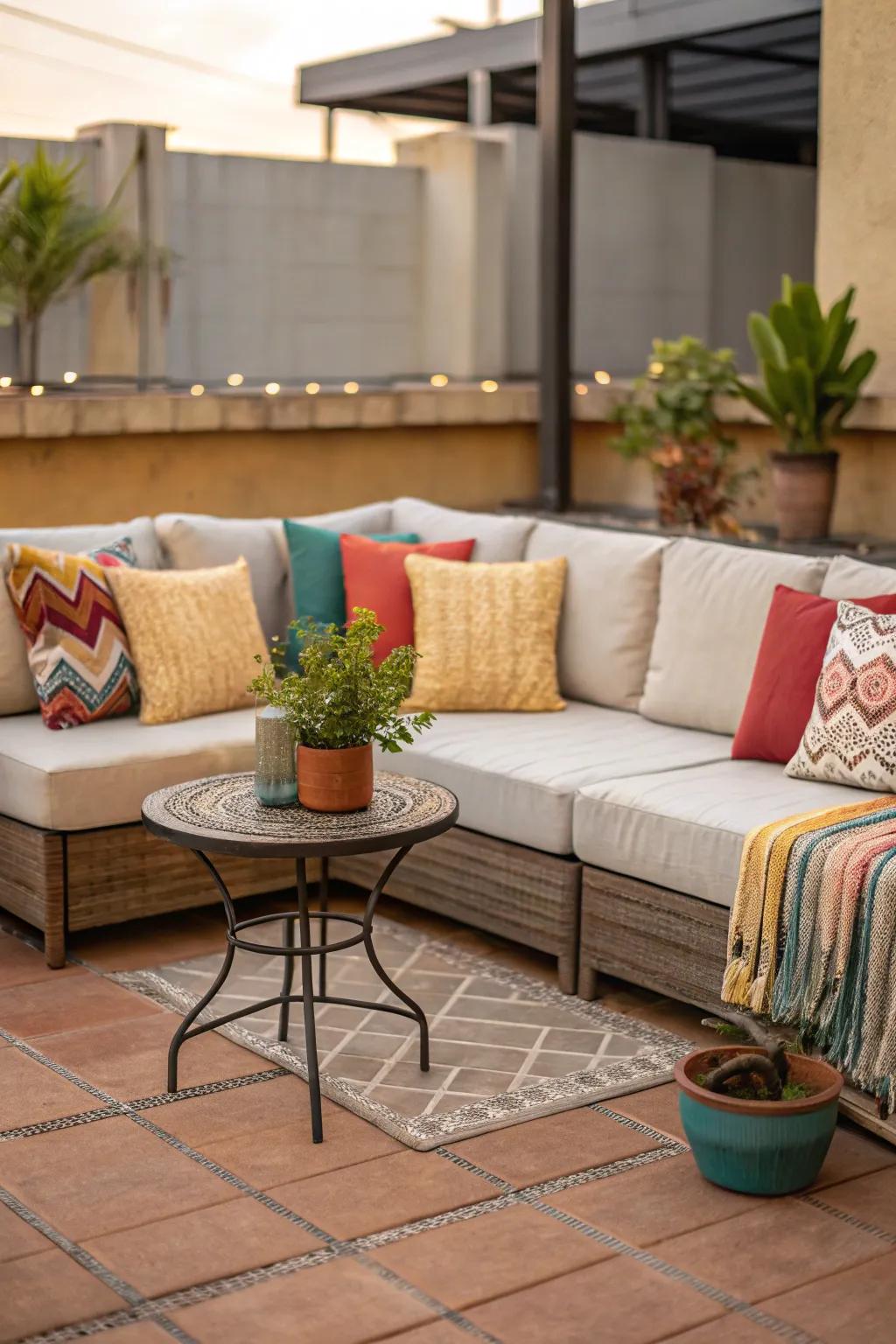 A cozy corner sofa setup invites you to relax and enjoy your outdoor space.