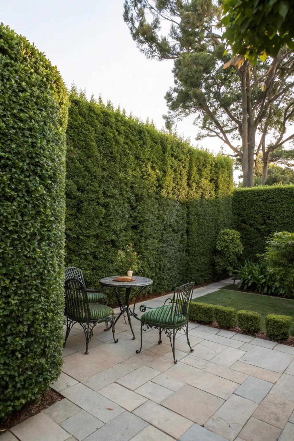 Green hedges provide privacy and a beautiful natural setting.