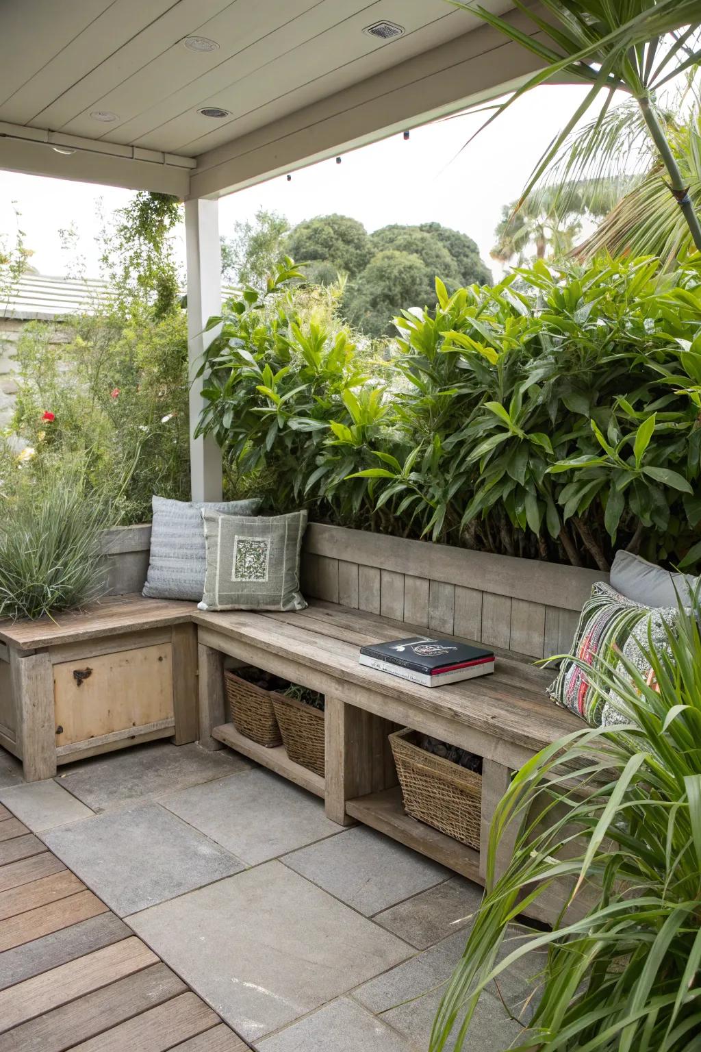 Built-in seating offers comfort and clever storage solutions.